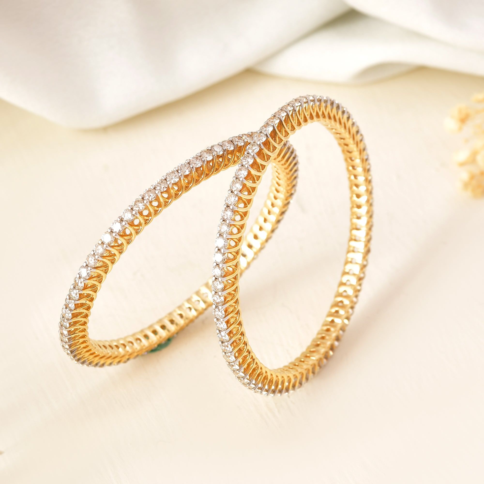 14K Yellow Gold Natural Diamond Wedding Bangles for Women