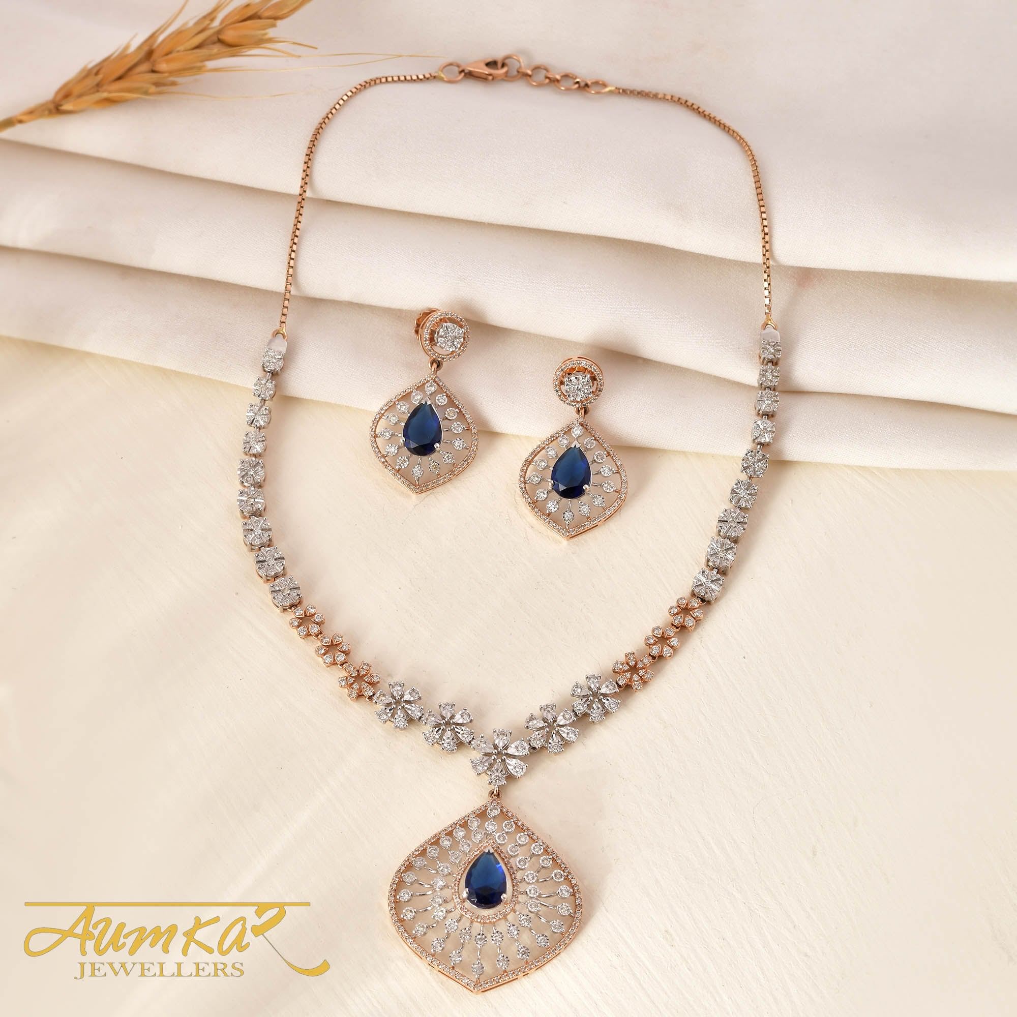 Azure Bloom Â Designer Necklace Set With Blue Stones & Miracle Diamond Setting
