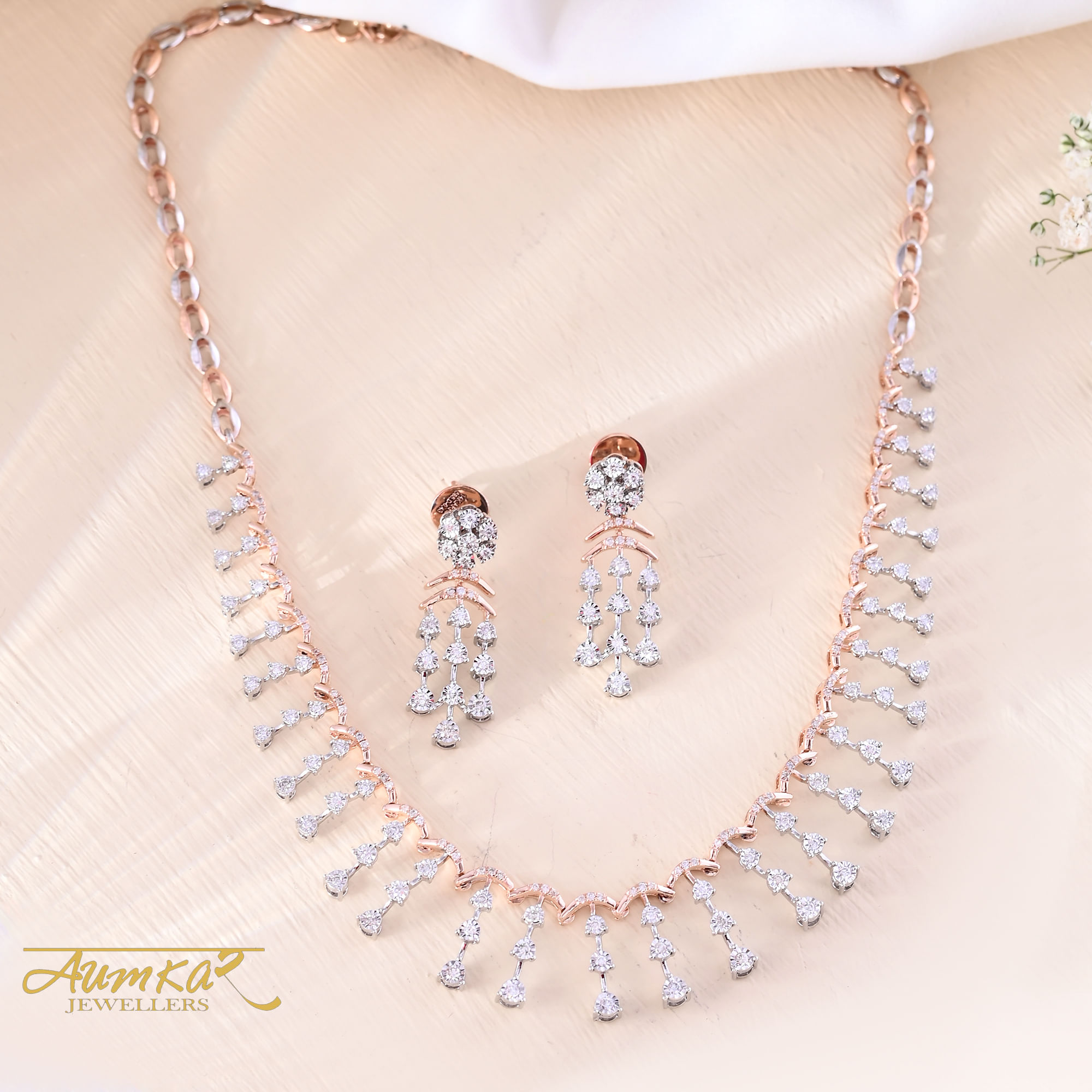 14K Rose Gold Diamond Necklace & Earring Set For Women