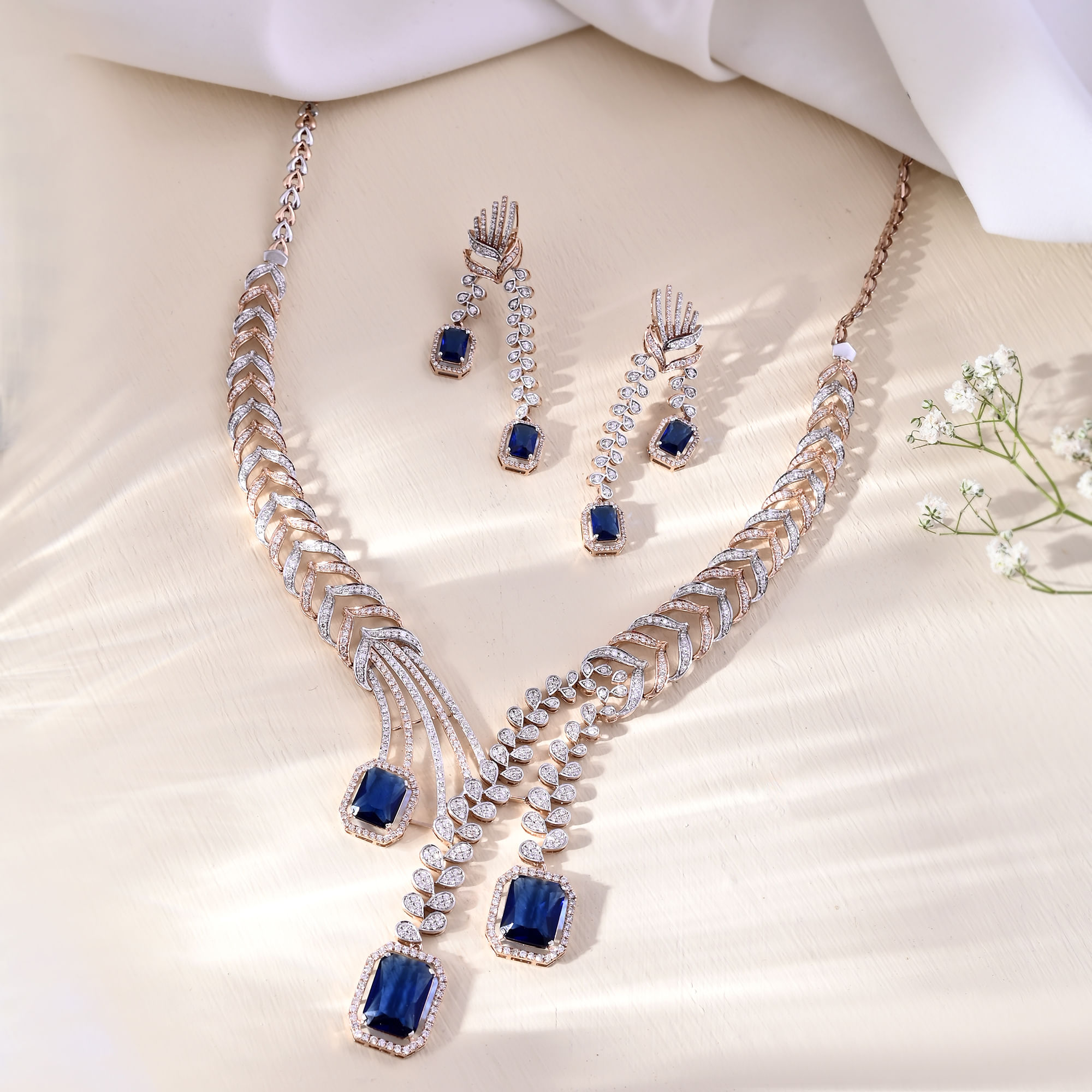 14K Rose Gold Blue Sapphire Diamond Wedding Set