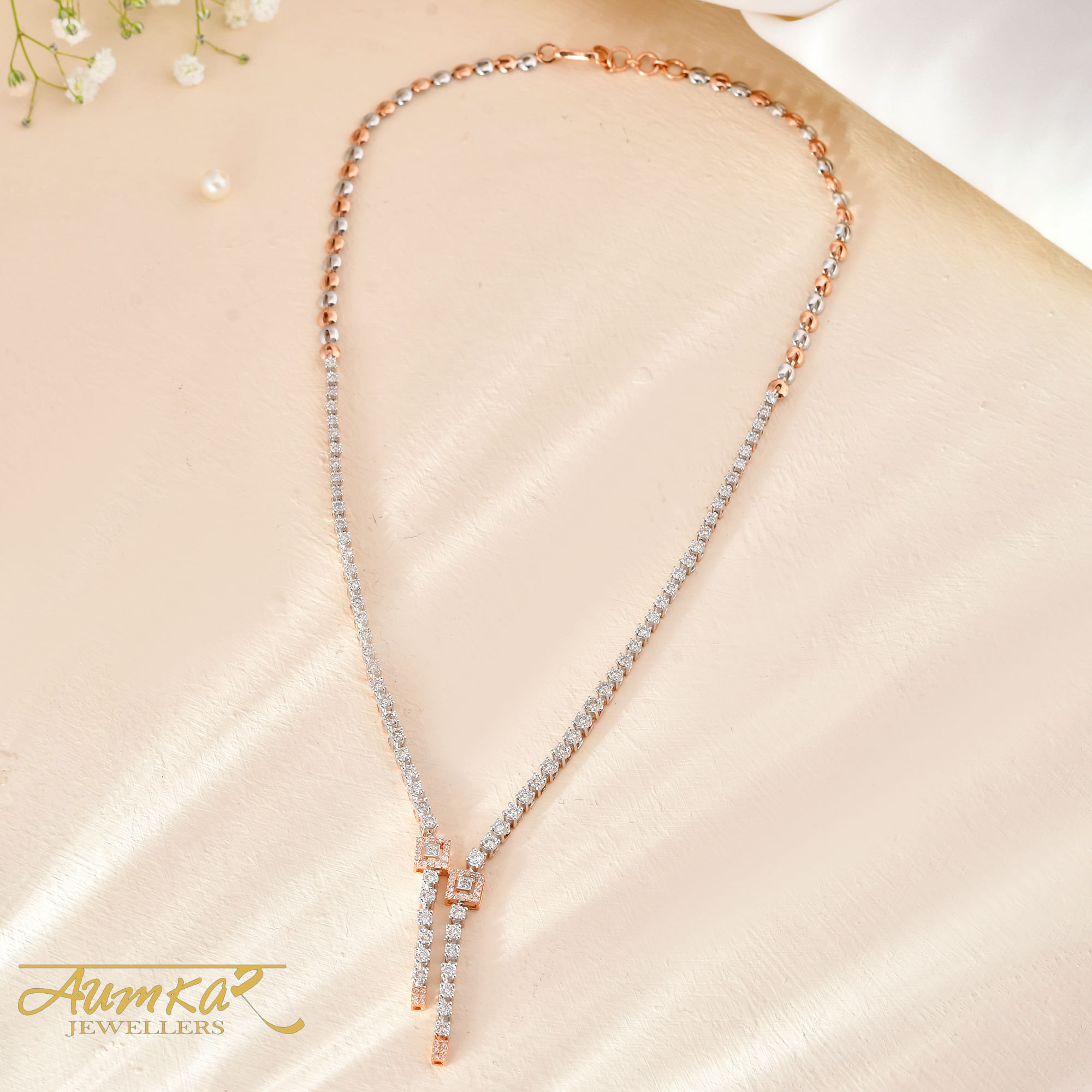 14K Rose Gold Diamond Necklace & Earring Set For Women