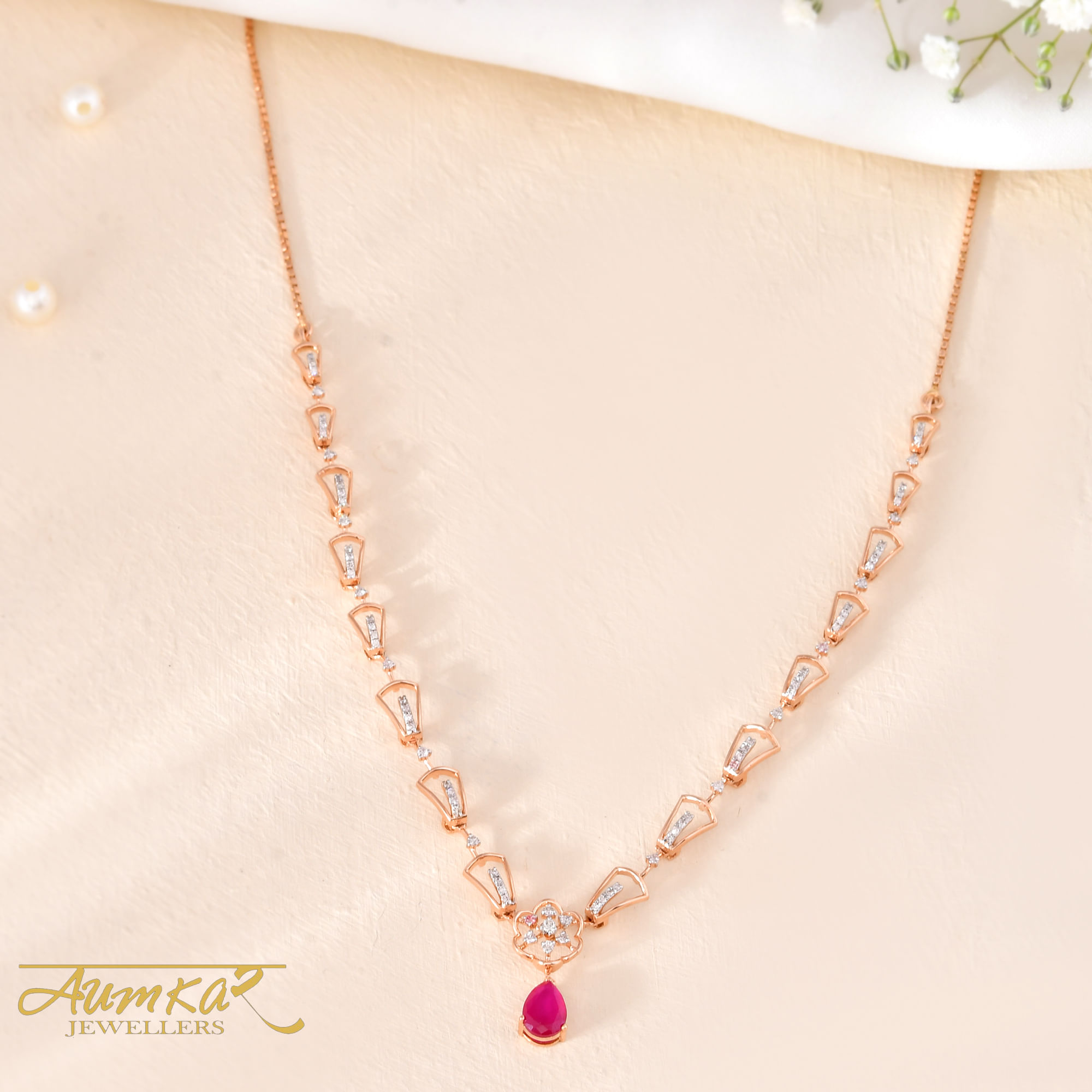14K Rose Gold Diamond Necklace Set With Ruby Drops