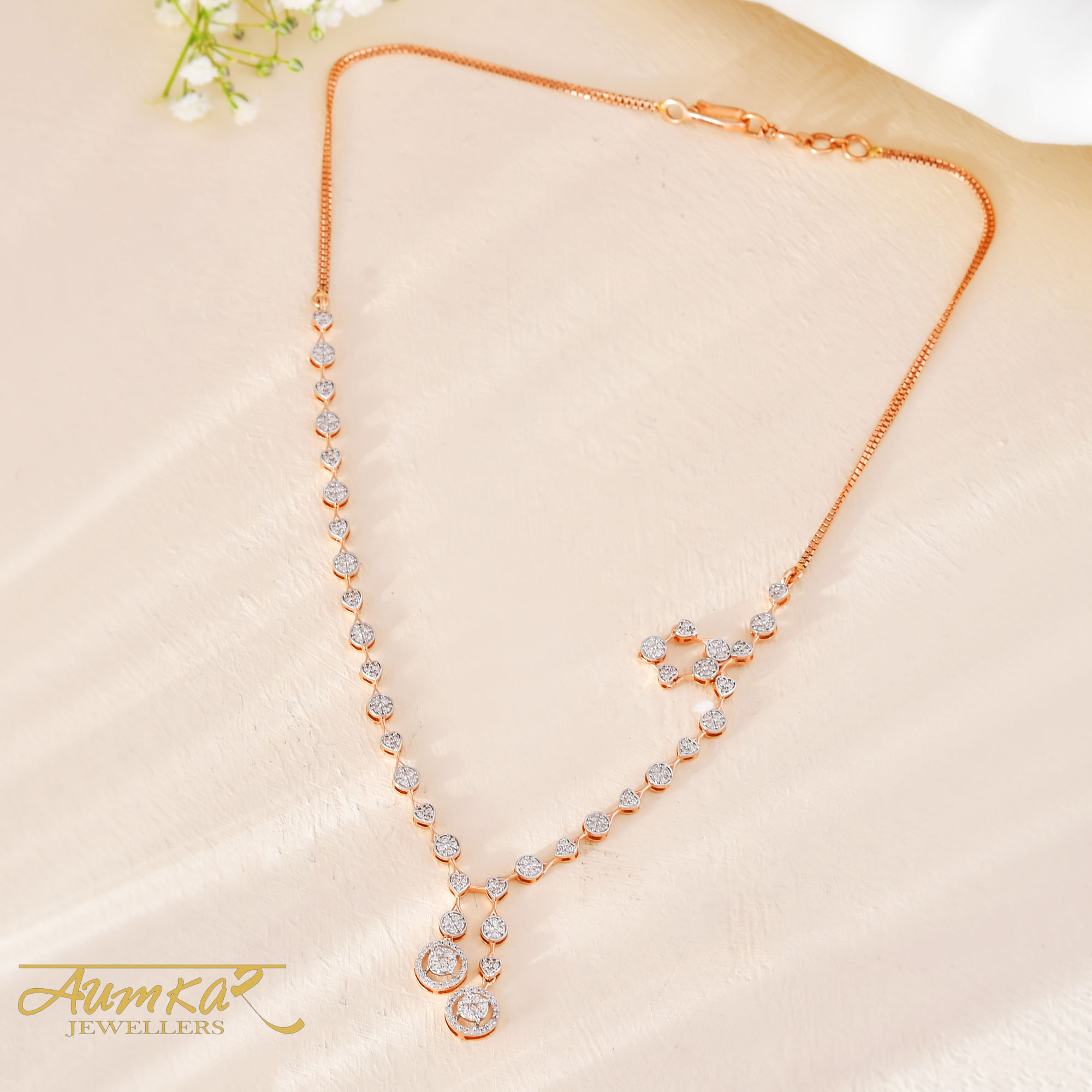 14K Rose Gold Diamond Necklace & Earring Set For Women