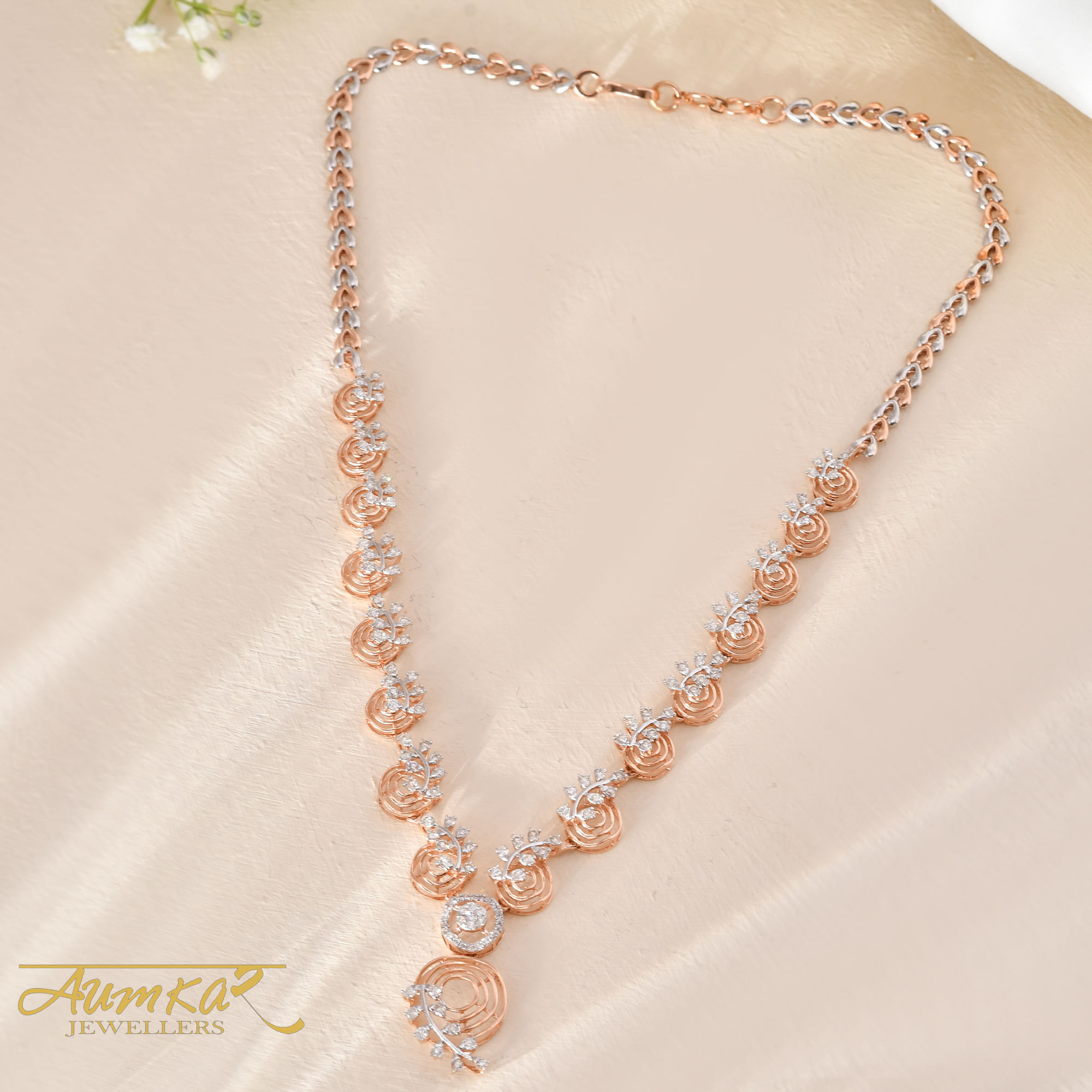 14K Rose Gold Diamond Necklace & Earring Set For Women