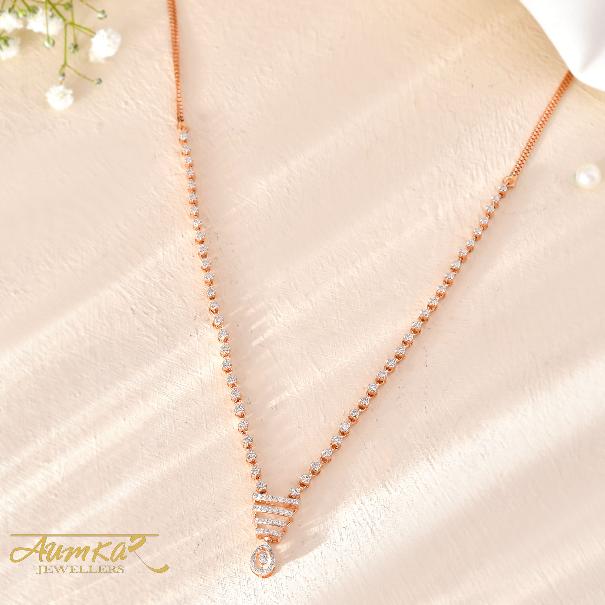 14K Rose Gold Diamond Necklace & Earring Set For Women