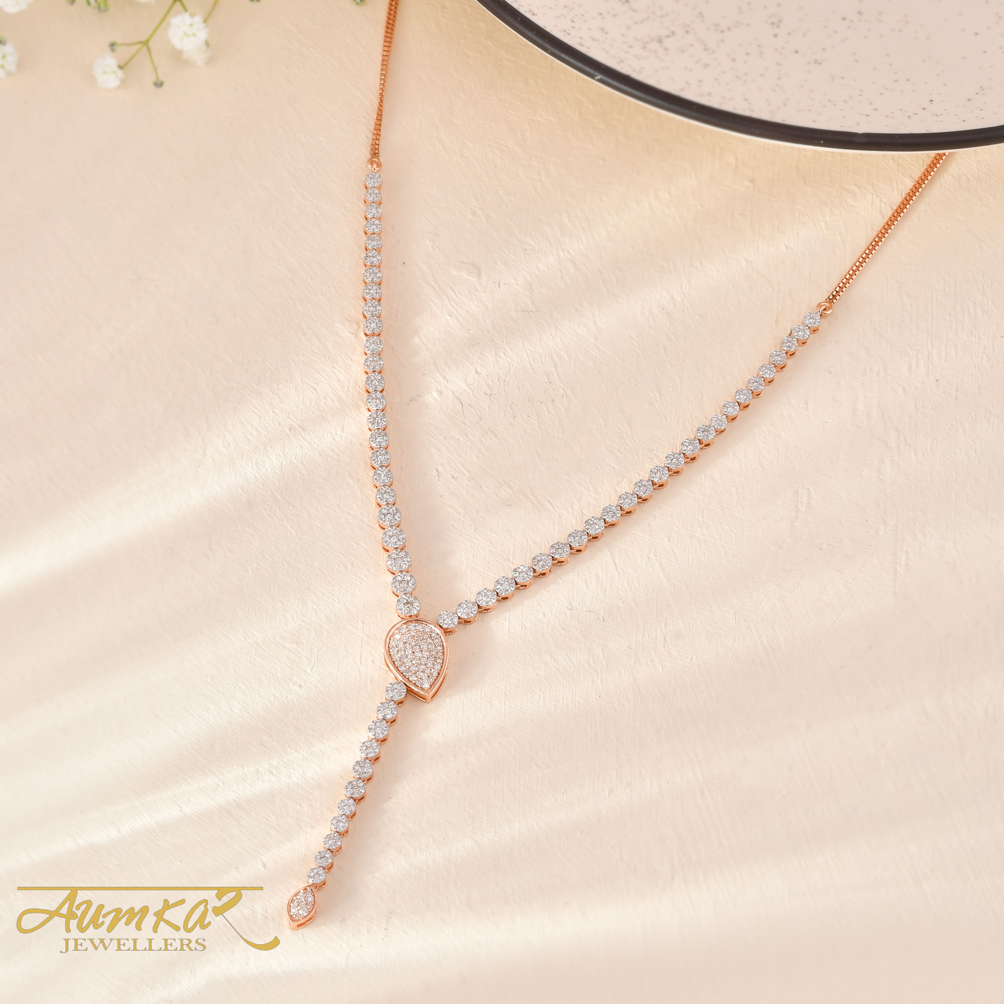 14K Rose Gold Diamond Y-Necklace & Earrings Set For Women