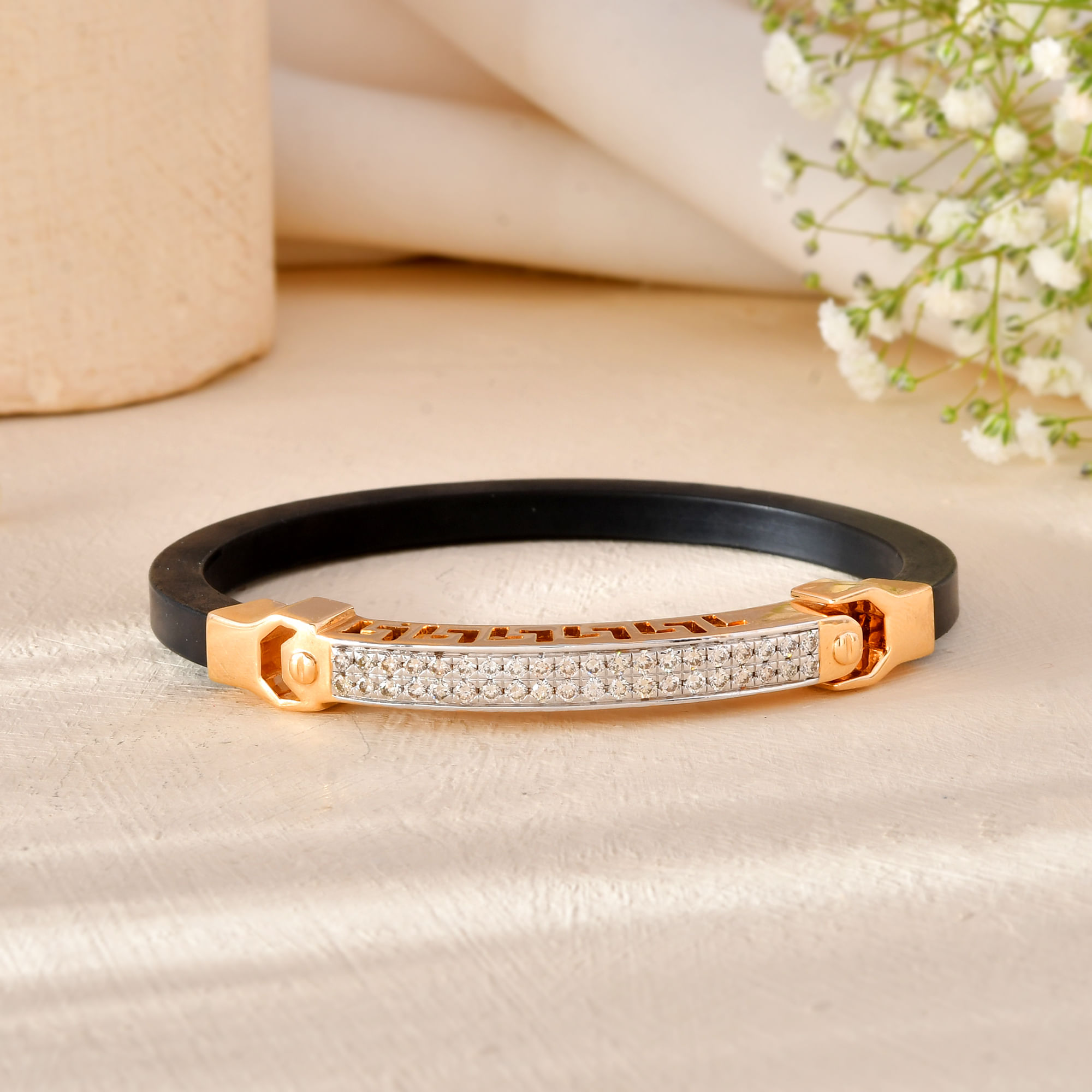 Men's 14K Rose Gold Diamond Oval Bracelet - Black Band