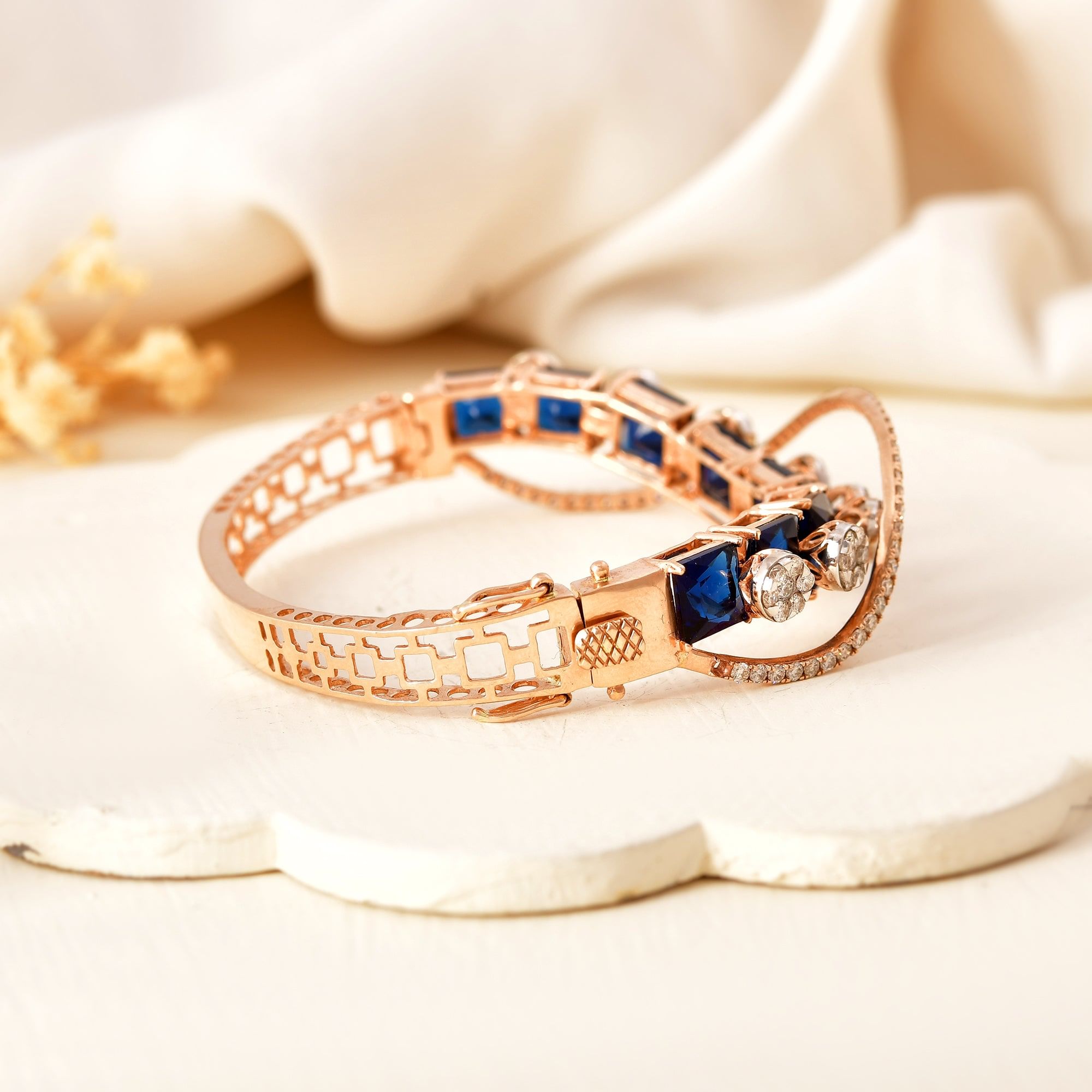 14K Rose Gold Blue Sapphire Diamond Oval Bracelet