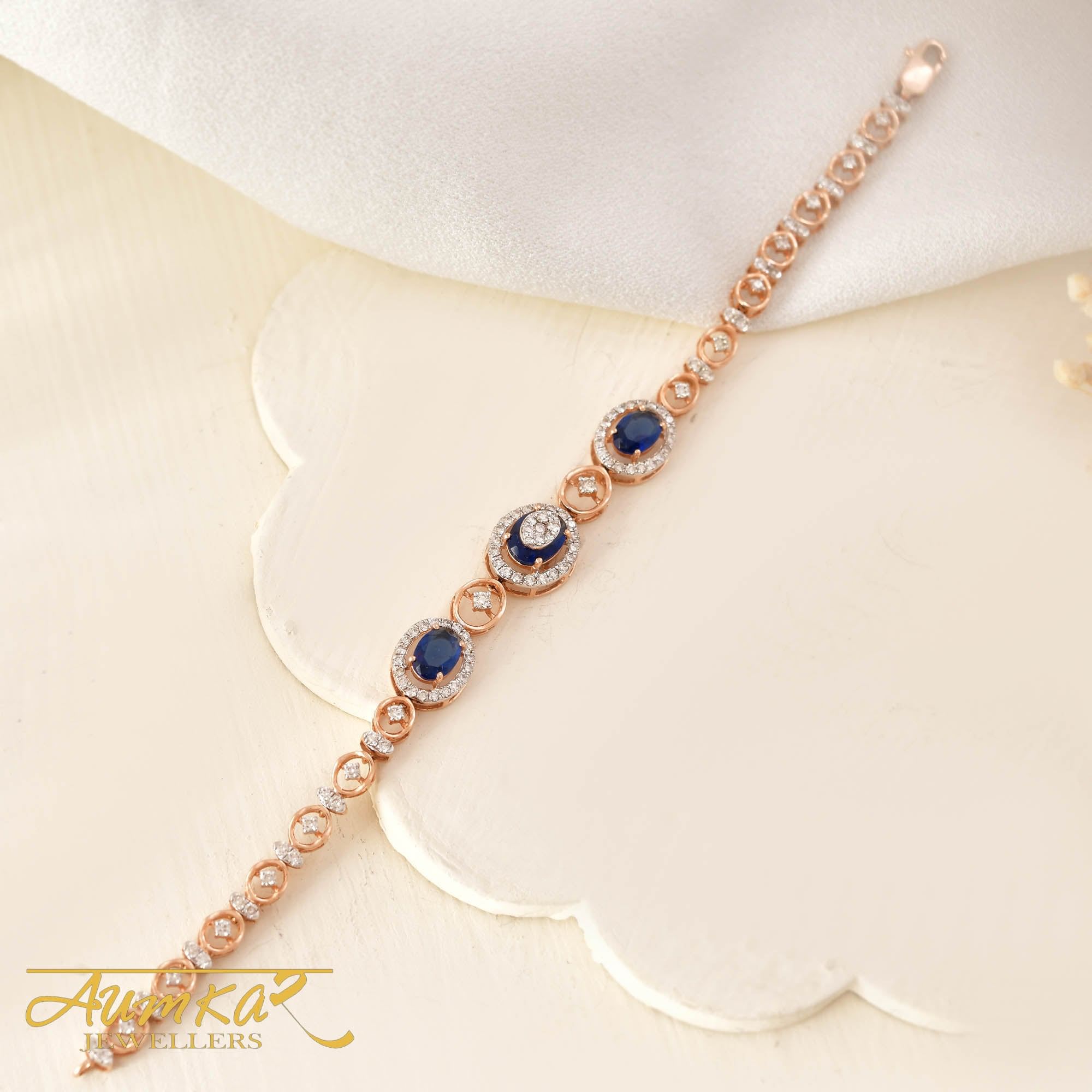 14K Rose Gold Blue Sapphire Diamond Tennis Bracelet