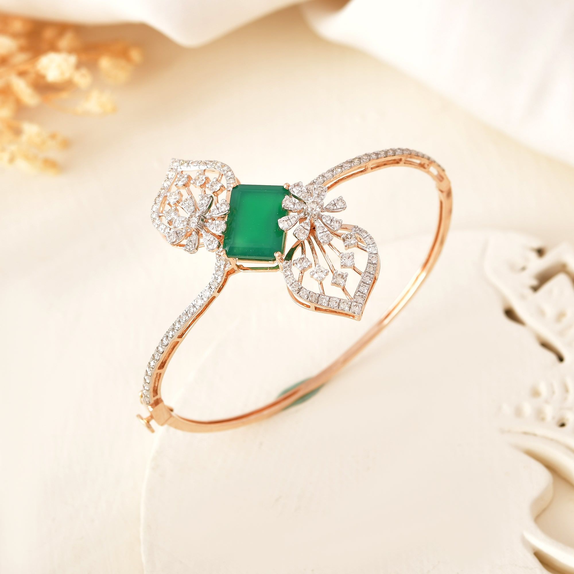 14K Rose Gold Emerald Diamond Bracelet for Women