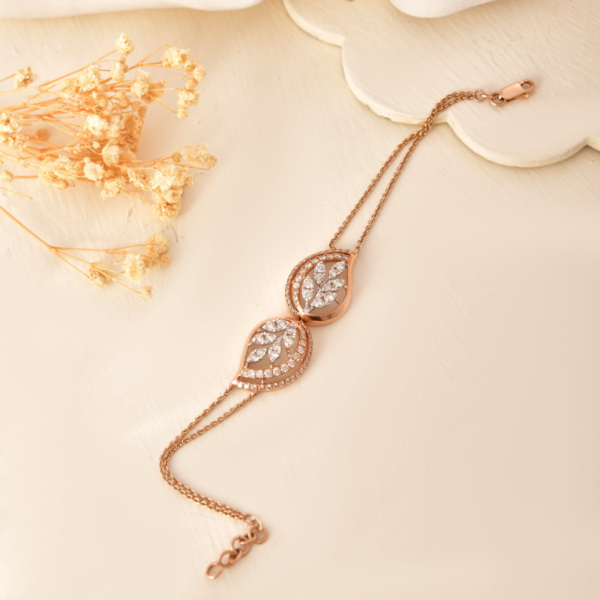 14K Rose Gold Diamond Leaf Tennis Bracelet for Women