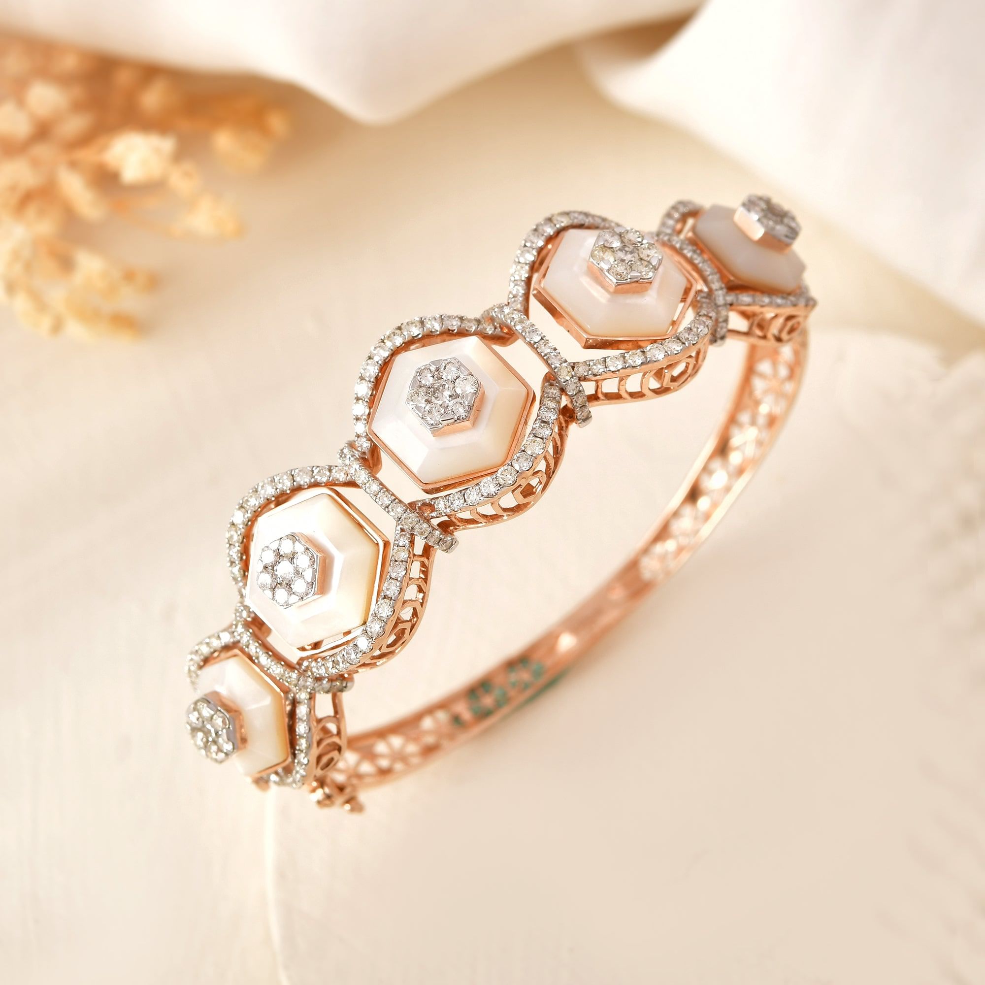 14K Rose Gold Diamond Hexagon Bracelet for Women