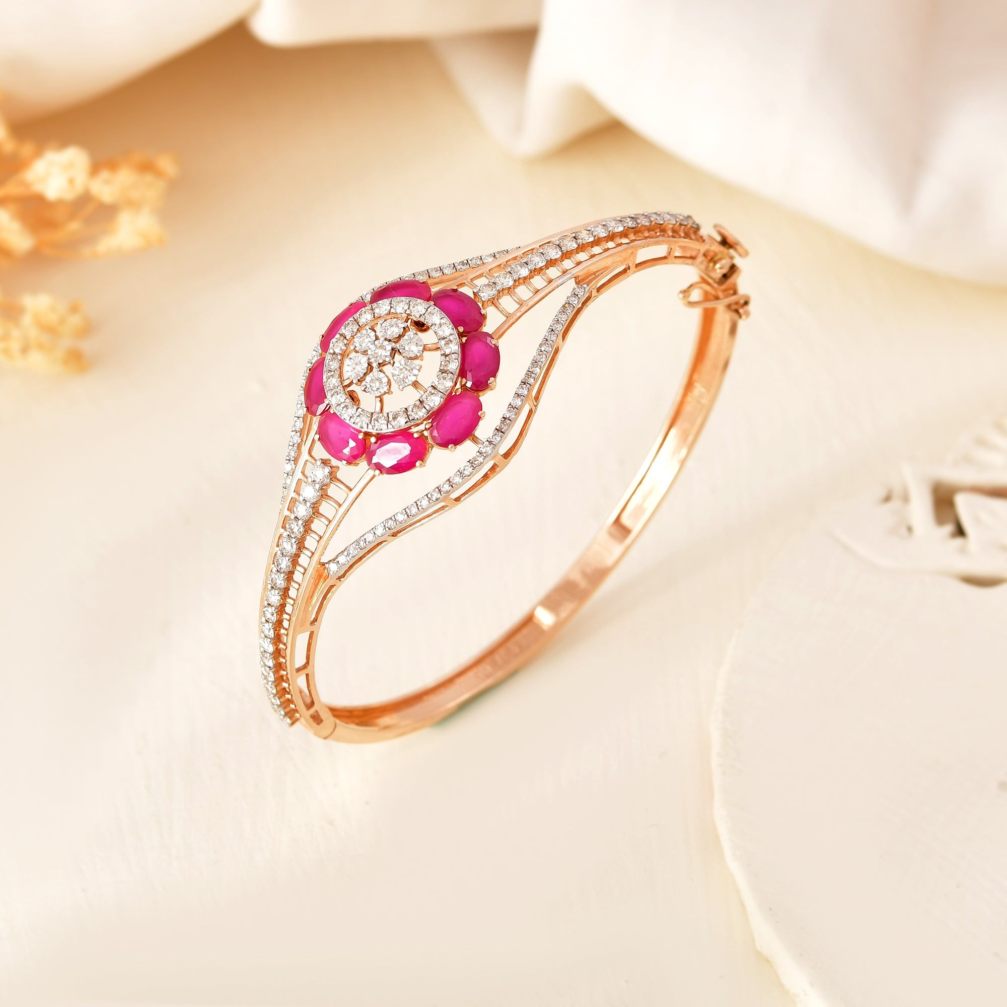 14K Rose Gold Ruby & Diamond Oval Bracelet for Women