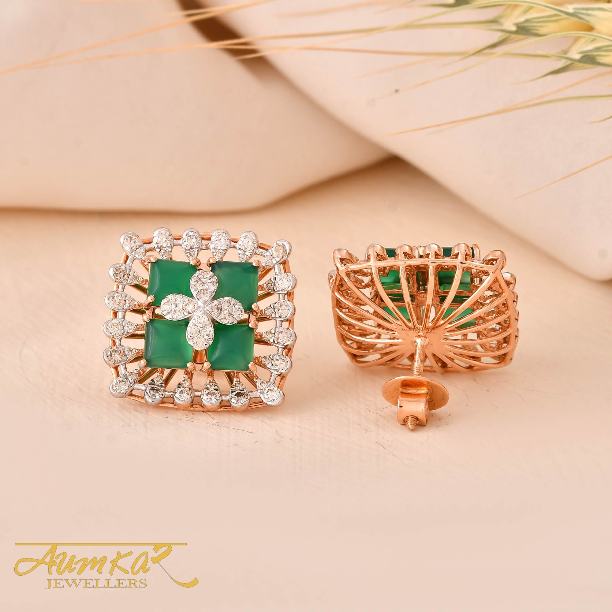 14K Rose Gold Green Stone Diamond Earrings for Women