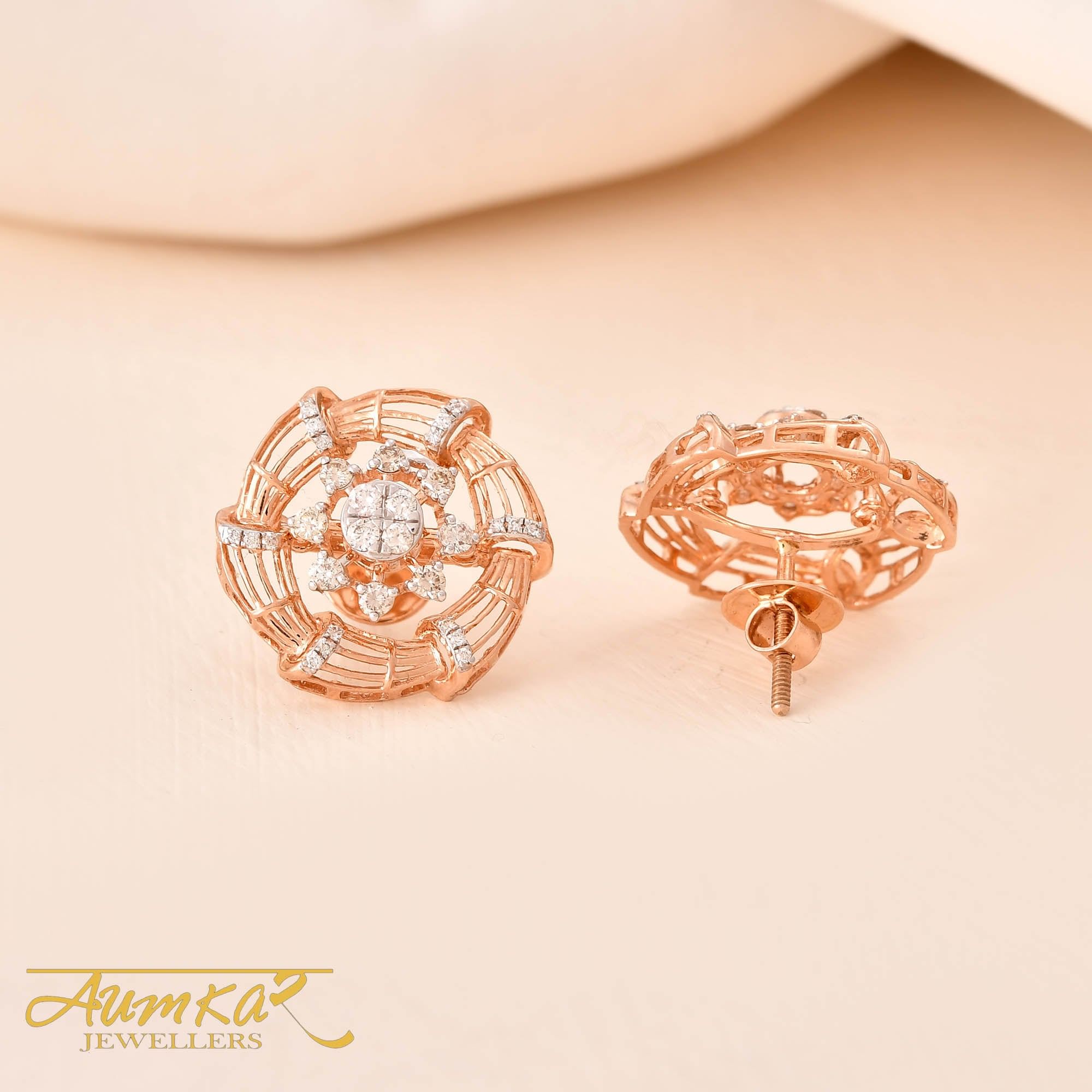 14K Rose Gold Natural Diamond Flower Stud Earrings