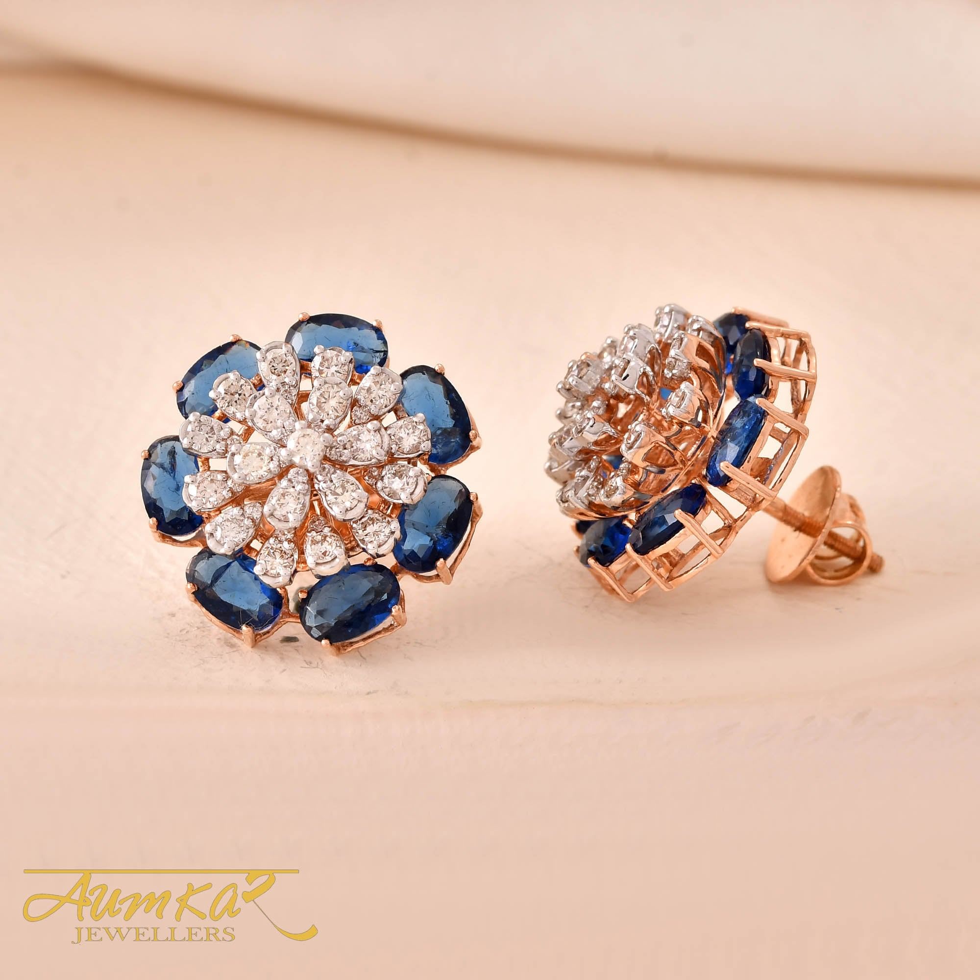 14K Rose Gold Blue Sapphire & Diamond Flower Earrings