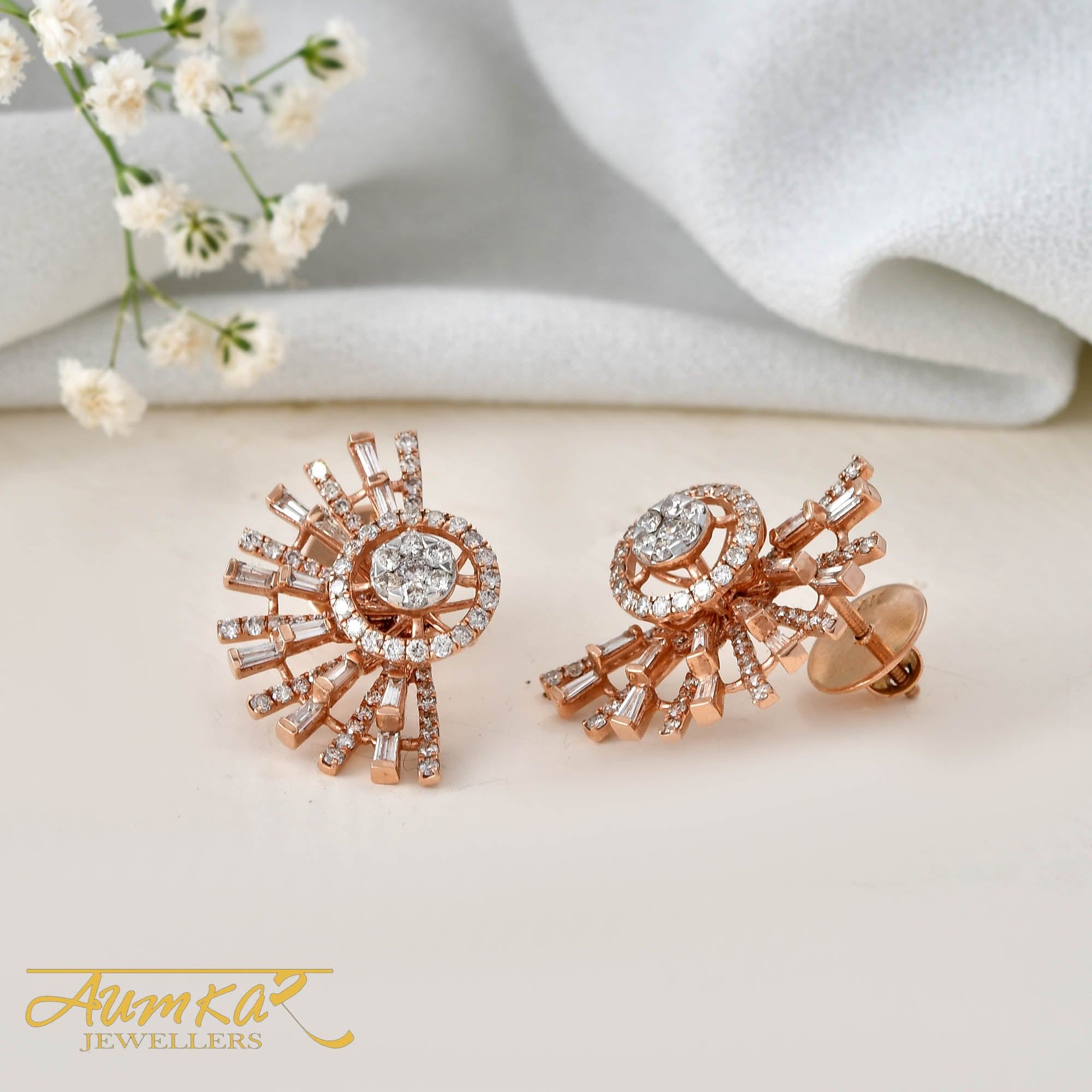14K Rose Gold Natural Diamond Starburst Stud Earrings