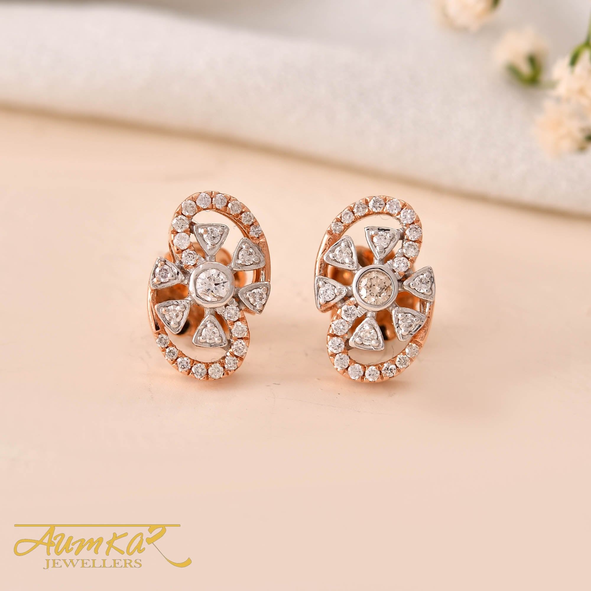 14K Rose Gold Natural Diamond Floral Stud Earrings