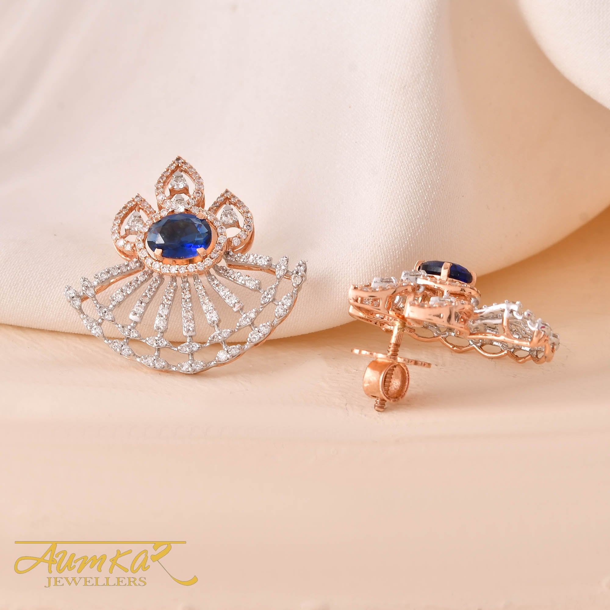 14K Rose Gold Blue Sapphire Diamond Fan Earrings