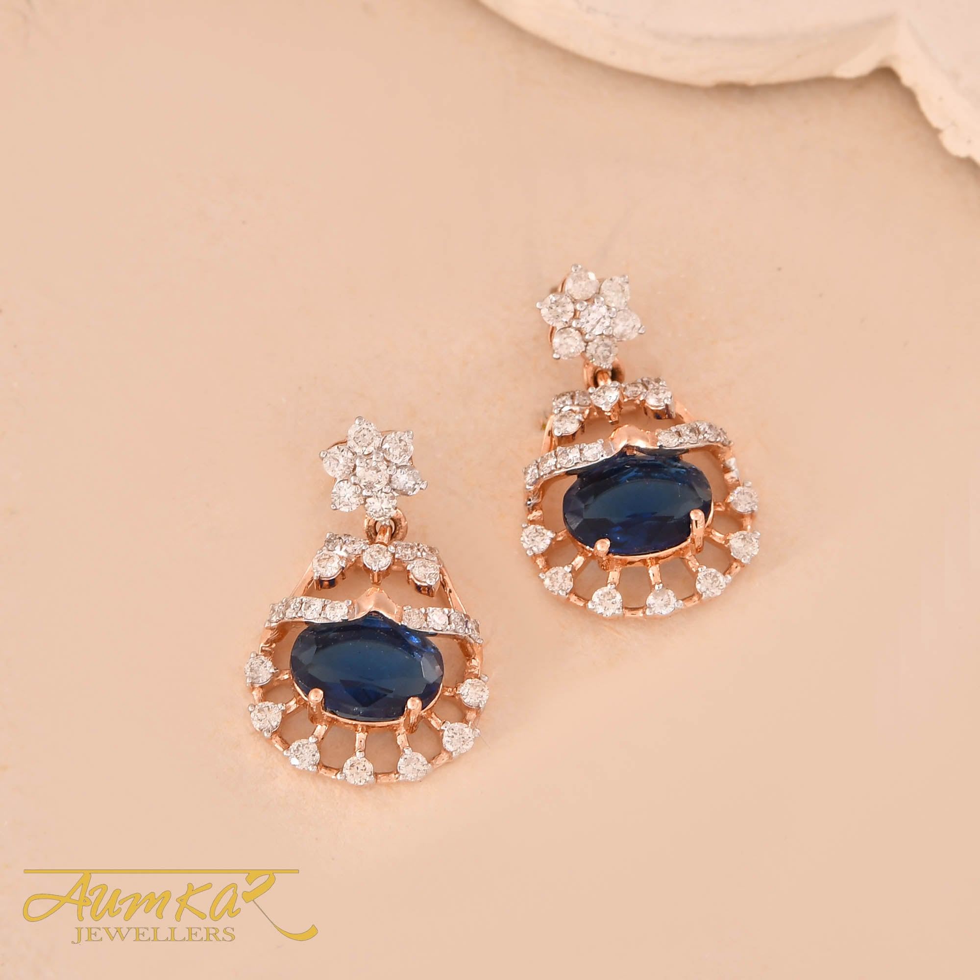 14K Rose Gold Blue Sapphire Diamond Dangler Earrings