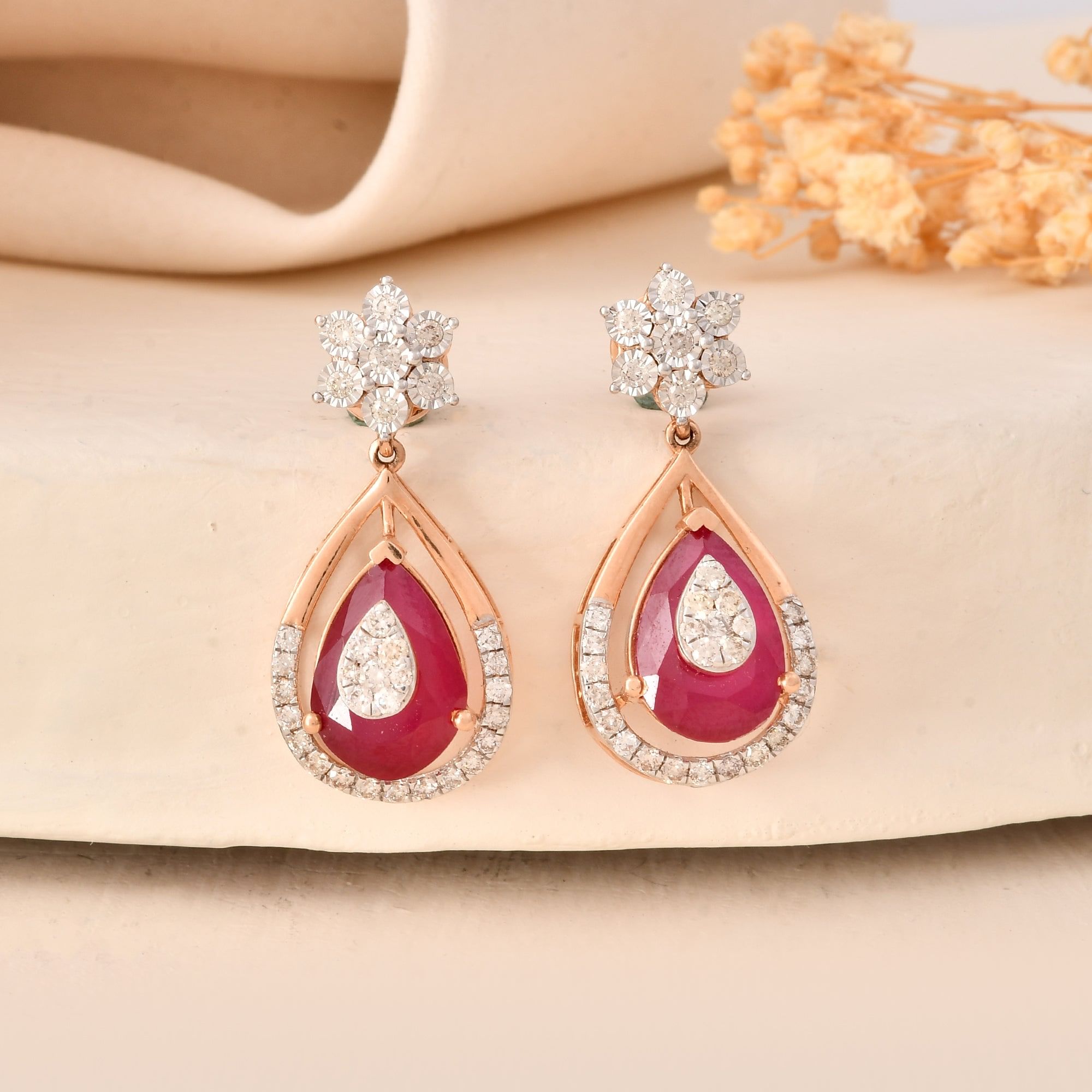 Red Stone Danglers Studded With Round Diamonds In Miracle Setting