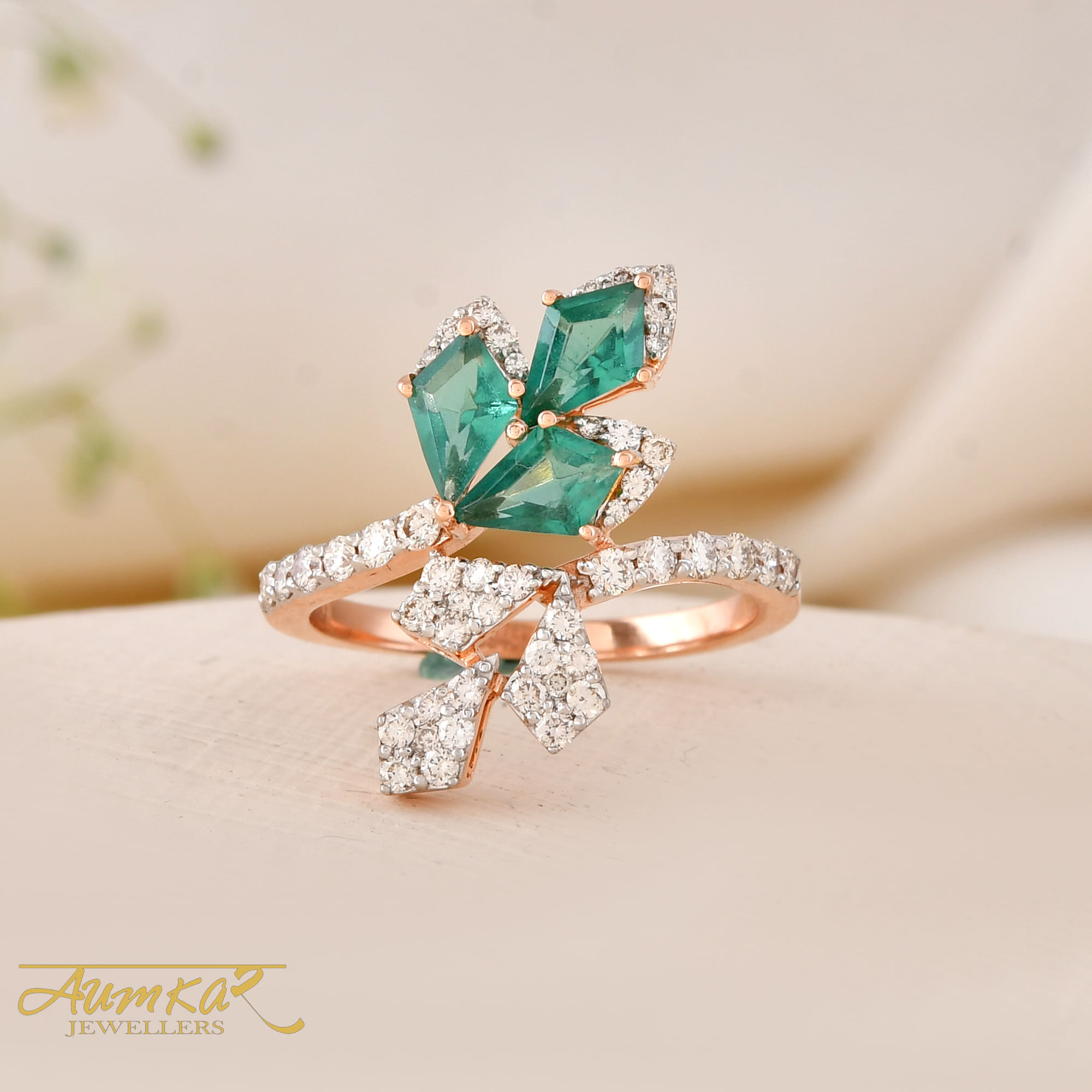14K Rose Gold Emerald & Diamond Cluster Ring For Women