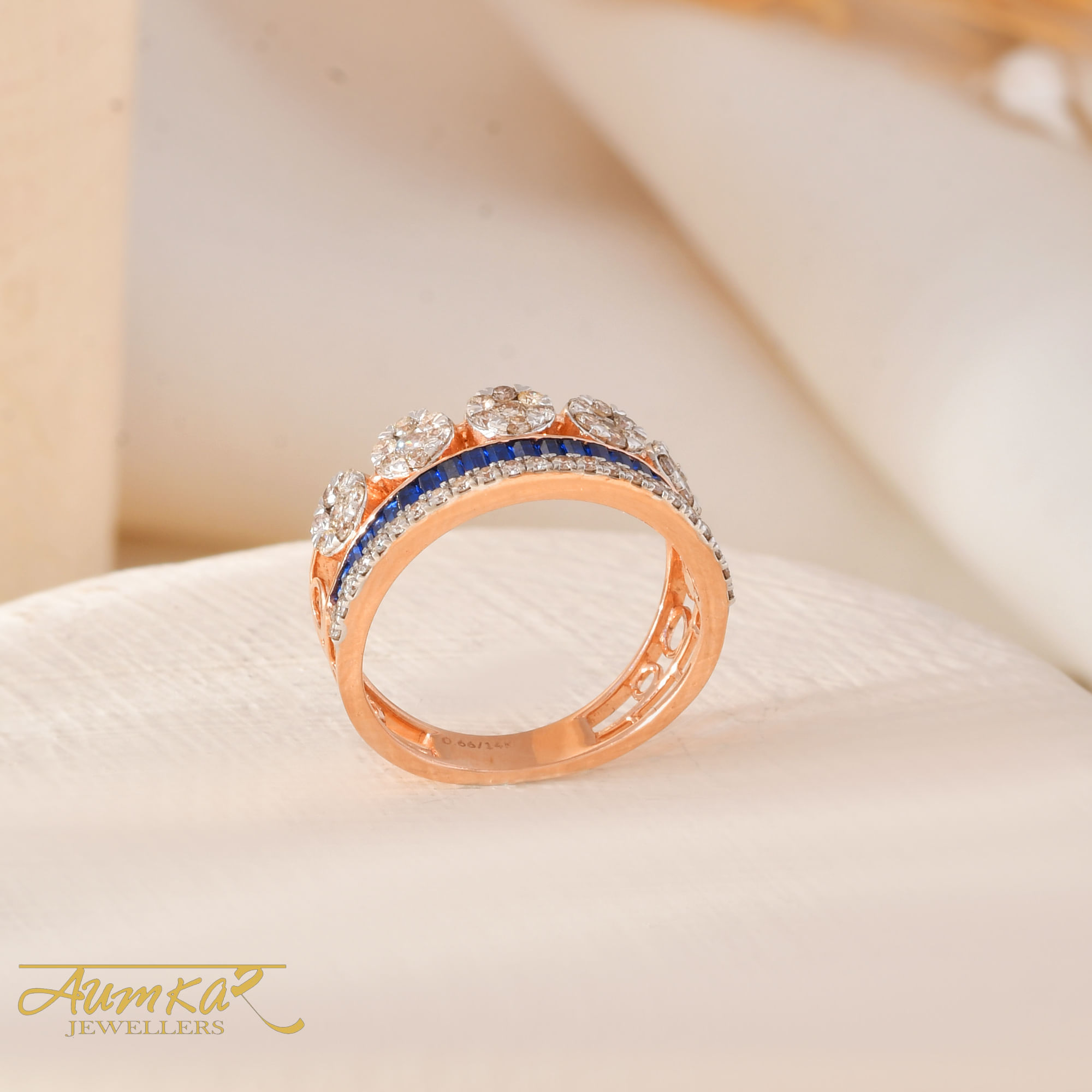 14K Rose Gold Blue Sapphire Diamond Wedding Ring