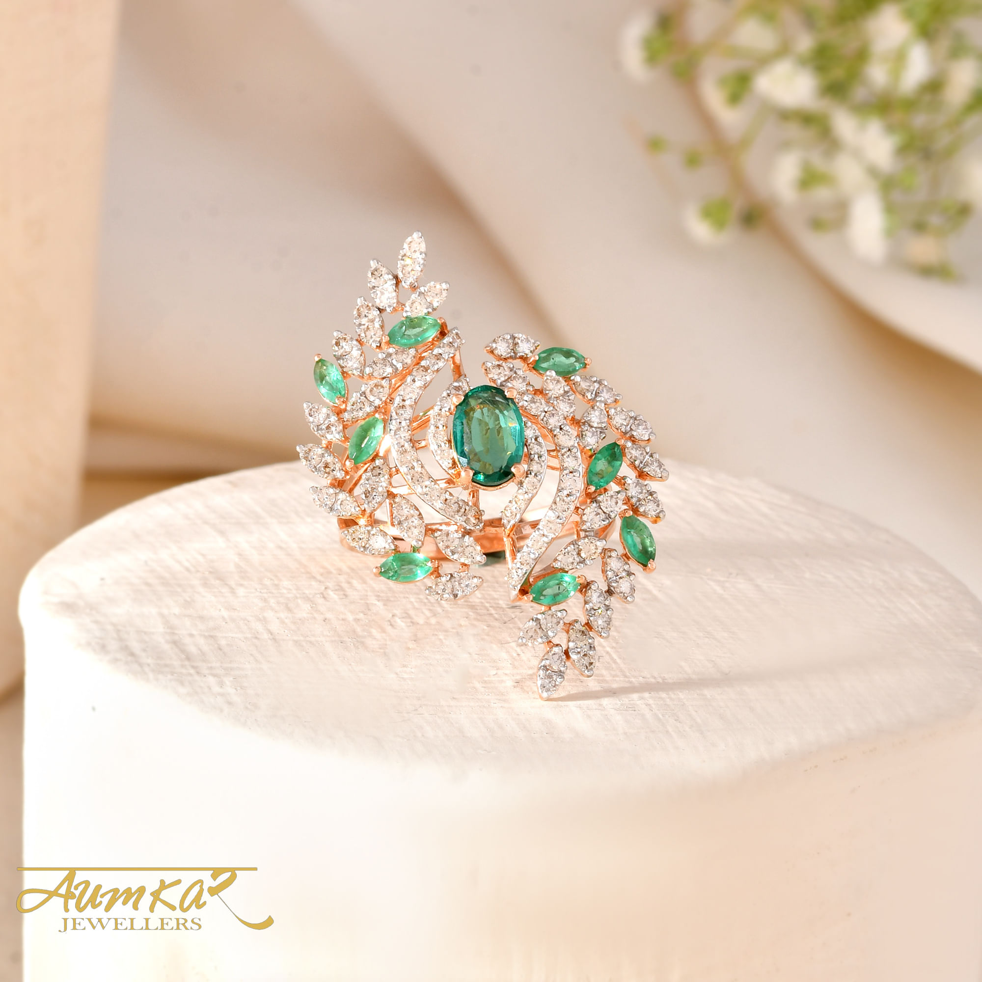 14K Rose Gold Emerald Diamond Cocktail Ring Women
