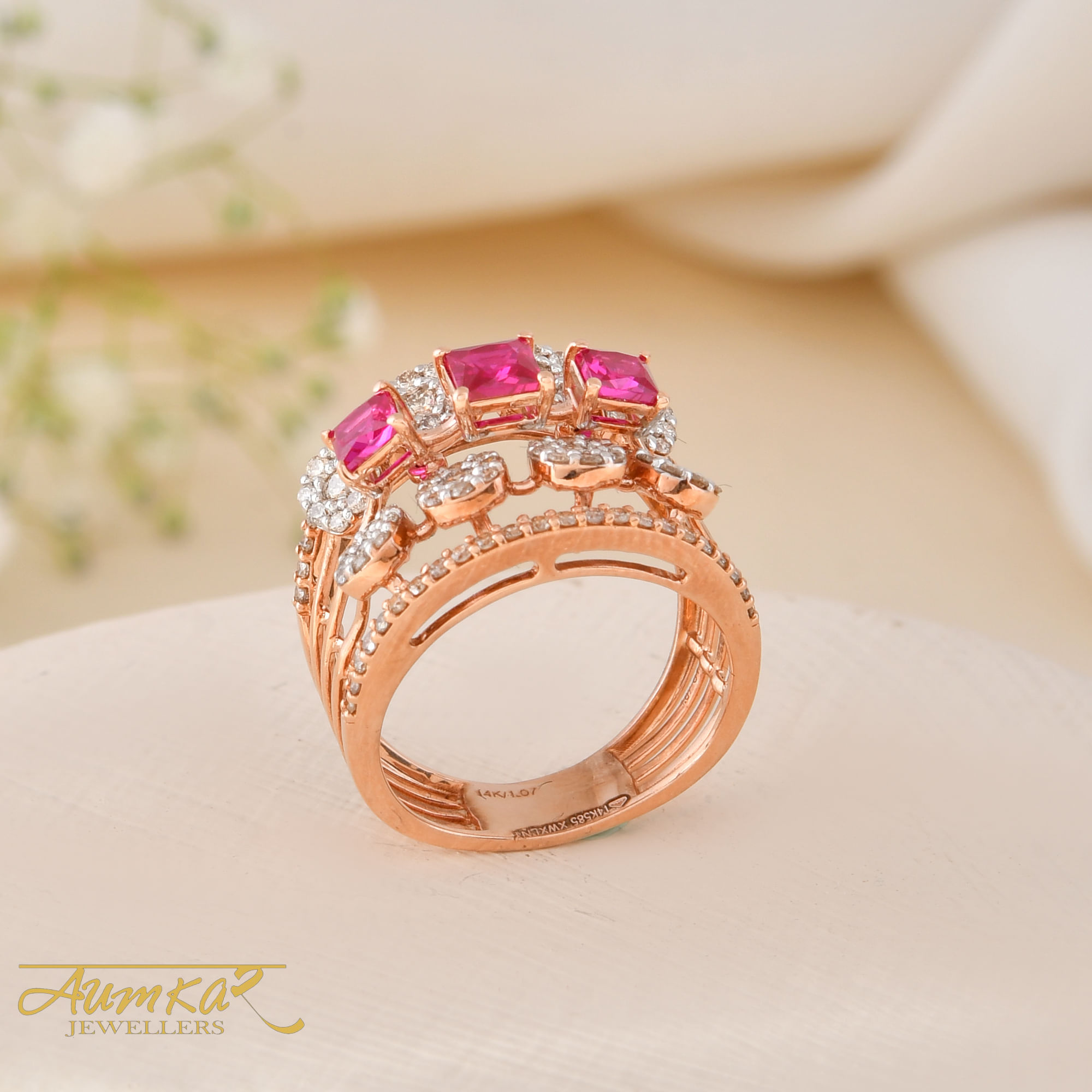 14K Rose Gold Pink Sapphire Diamond Wedding Ring