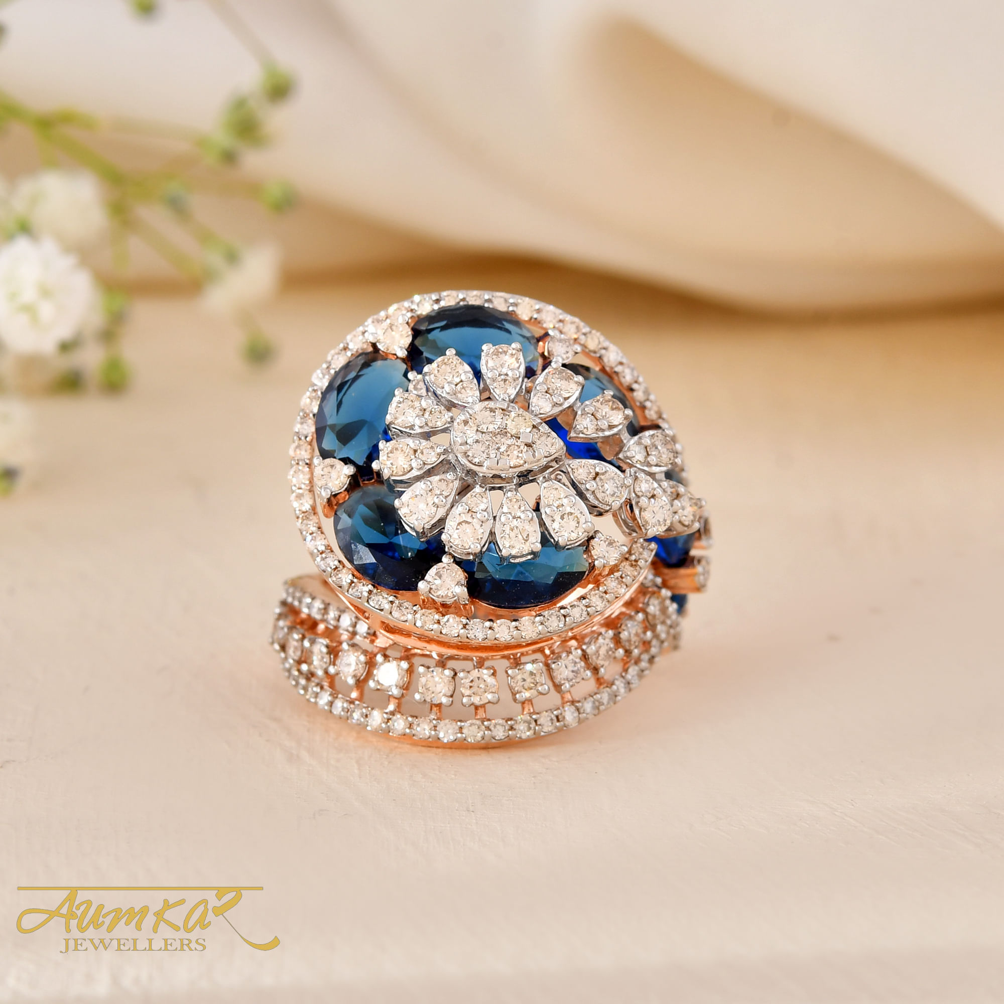 14K Rose Gold Blue Sapphire Diamond Engagement Ring