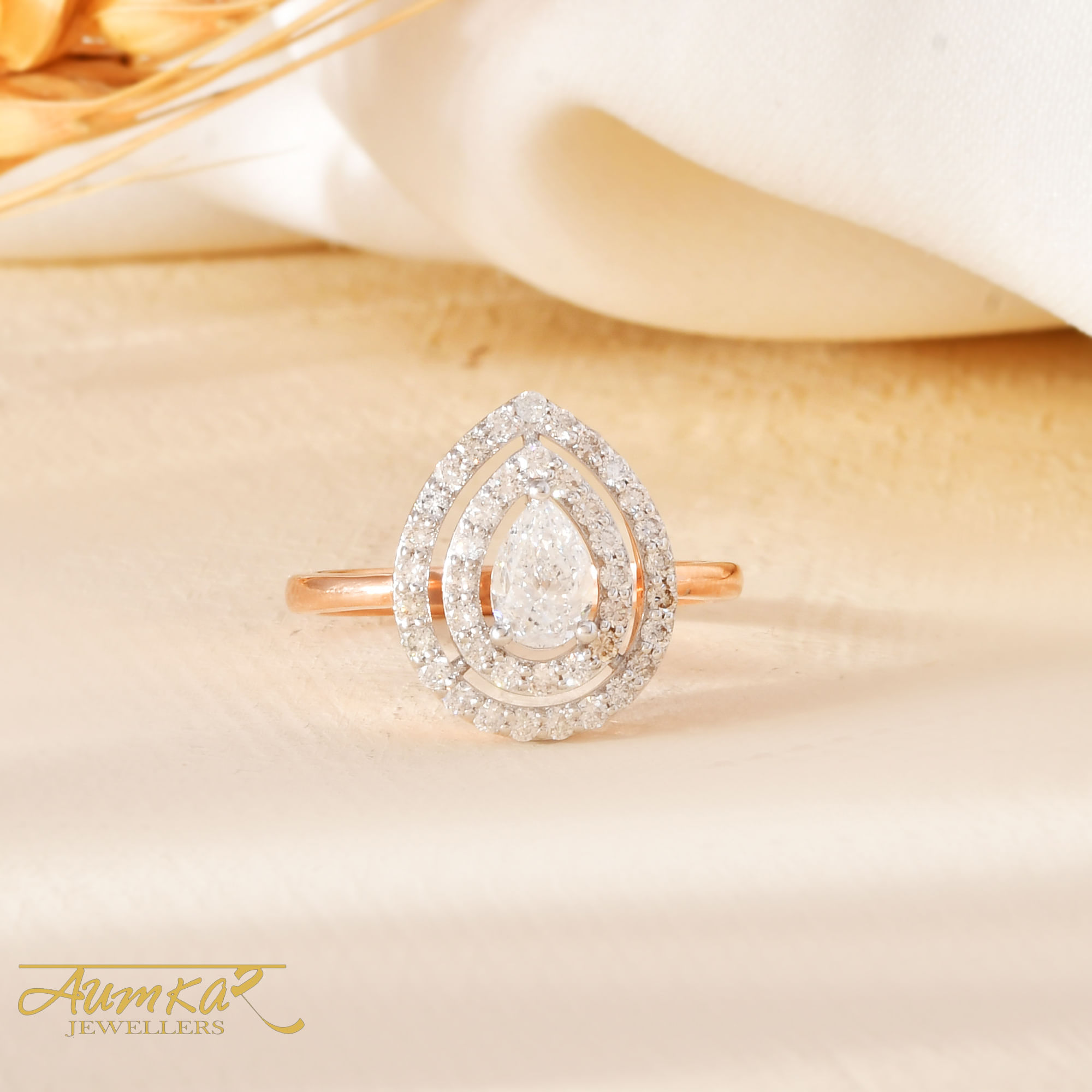 14K Rose Gold Pear Diamond Halo Engagement Ring