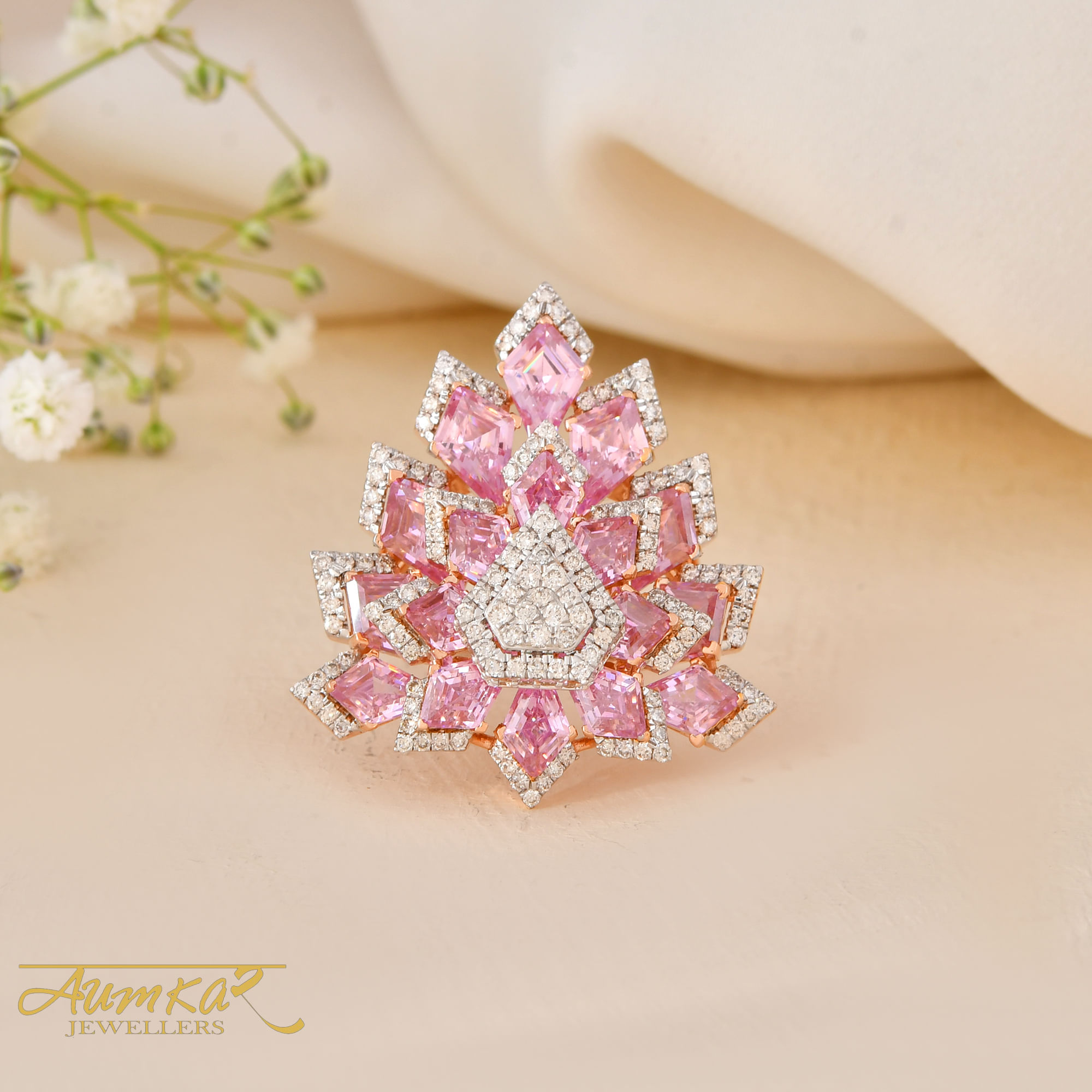 14K Rose Gold Pink Sapphire Diamond Cocktail Ring