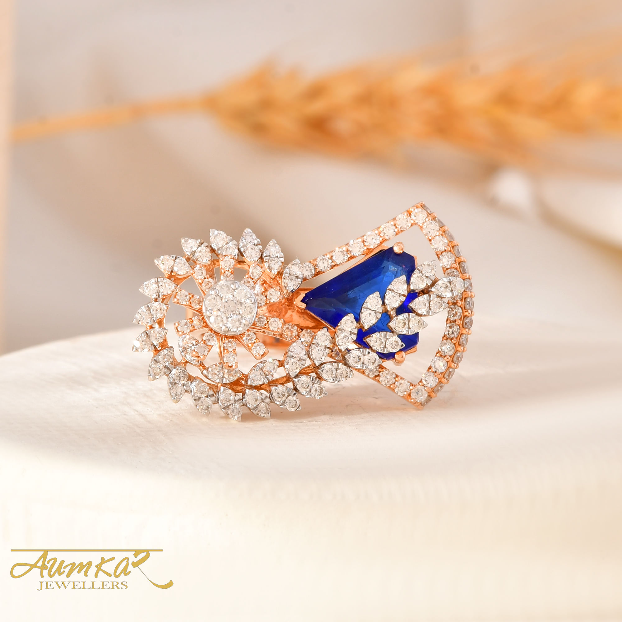 14K Rose Gold Blue Sapphire Diamond Cocktail Ring