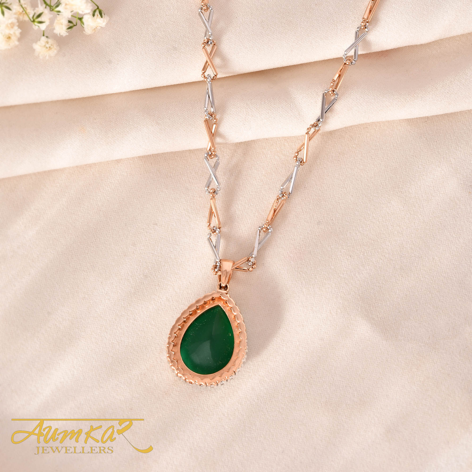 14K Rose Gold Emerald & Diamond Pendant Necklace