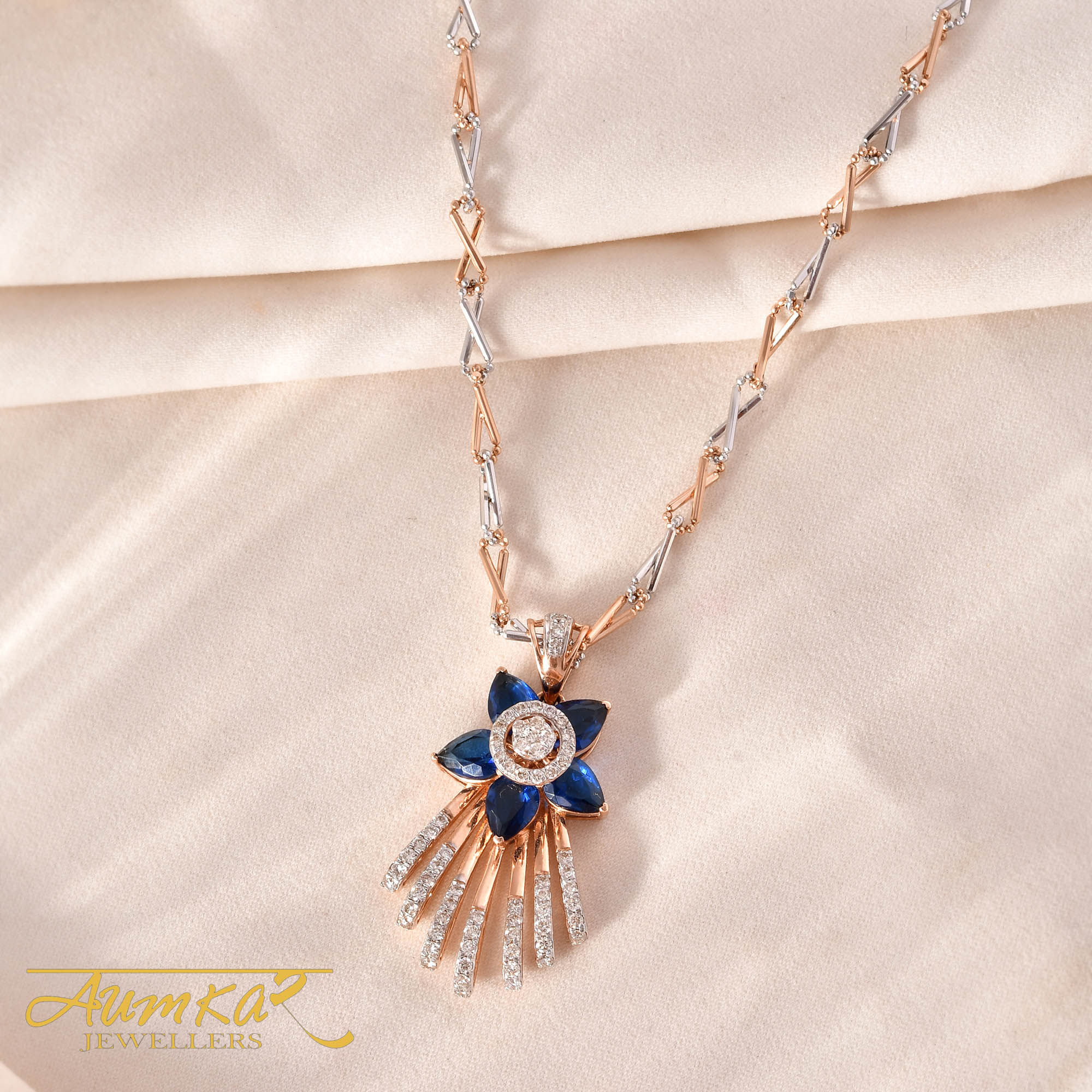 14K Rose Gold Blue Sapphire Diamond Pendant Necklace