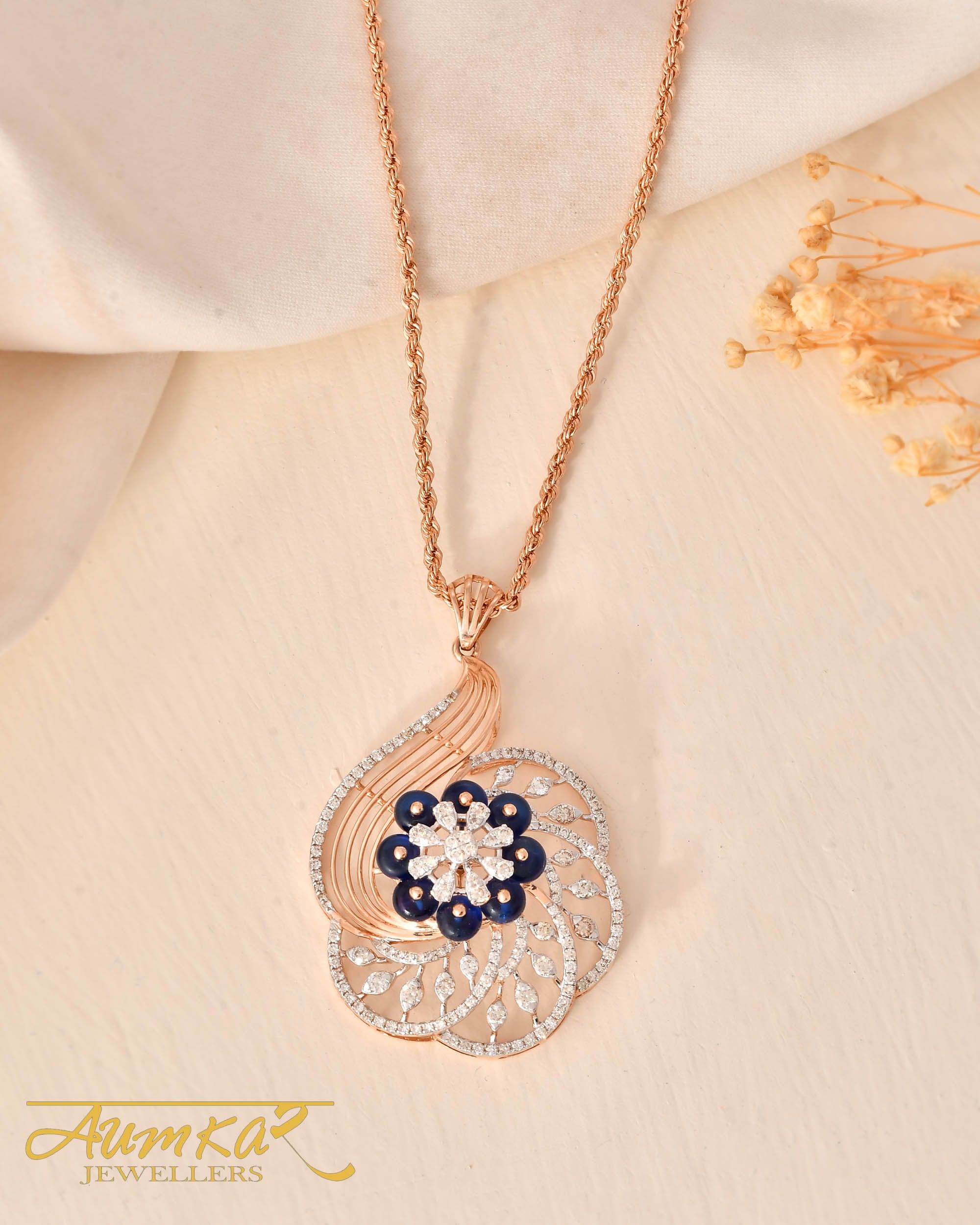 Designer Pendent Set With Royal Blue Stone And Diamonds