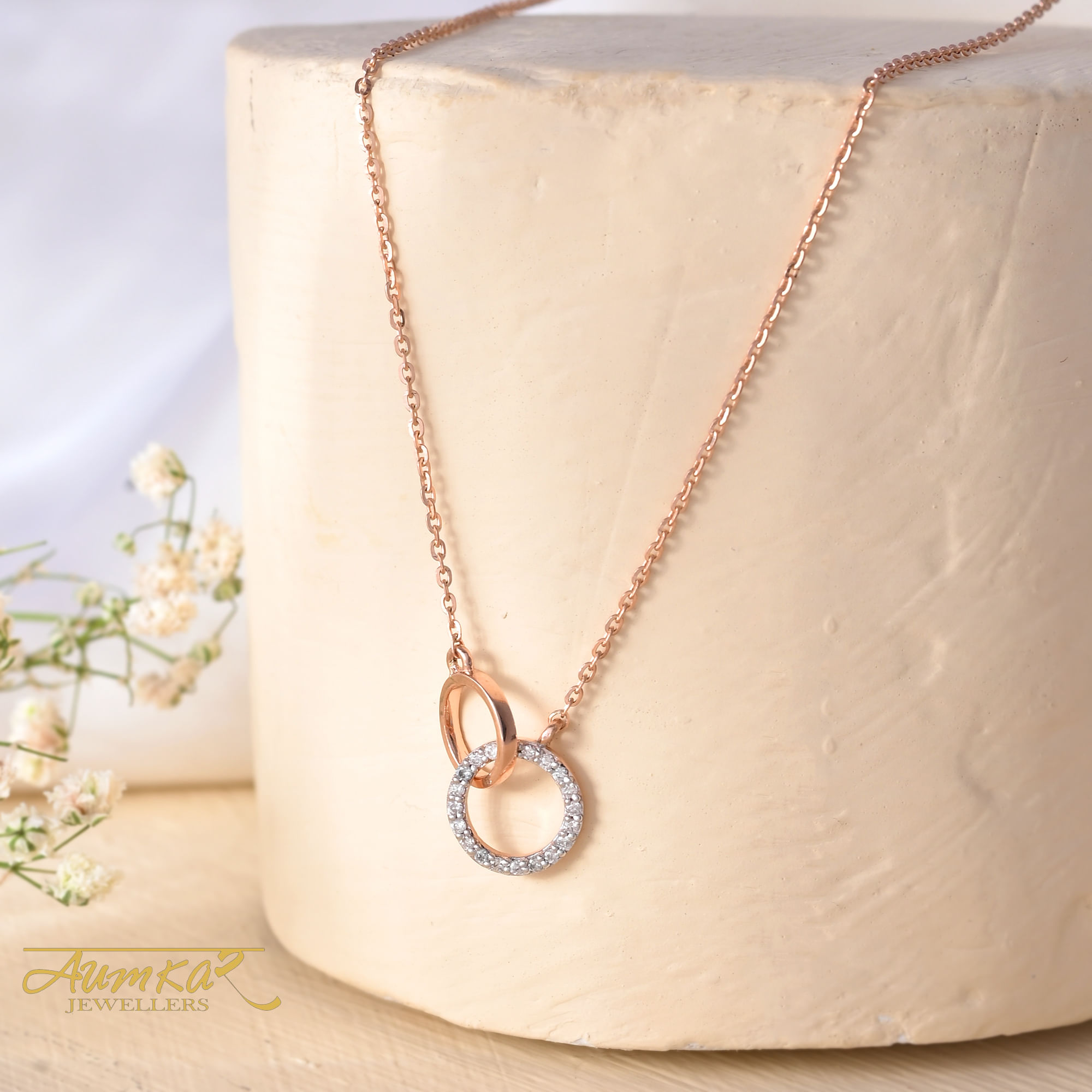 14K Rose Gold Diamond Interlocking Circle Pendant