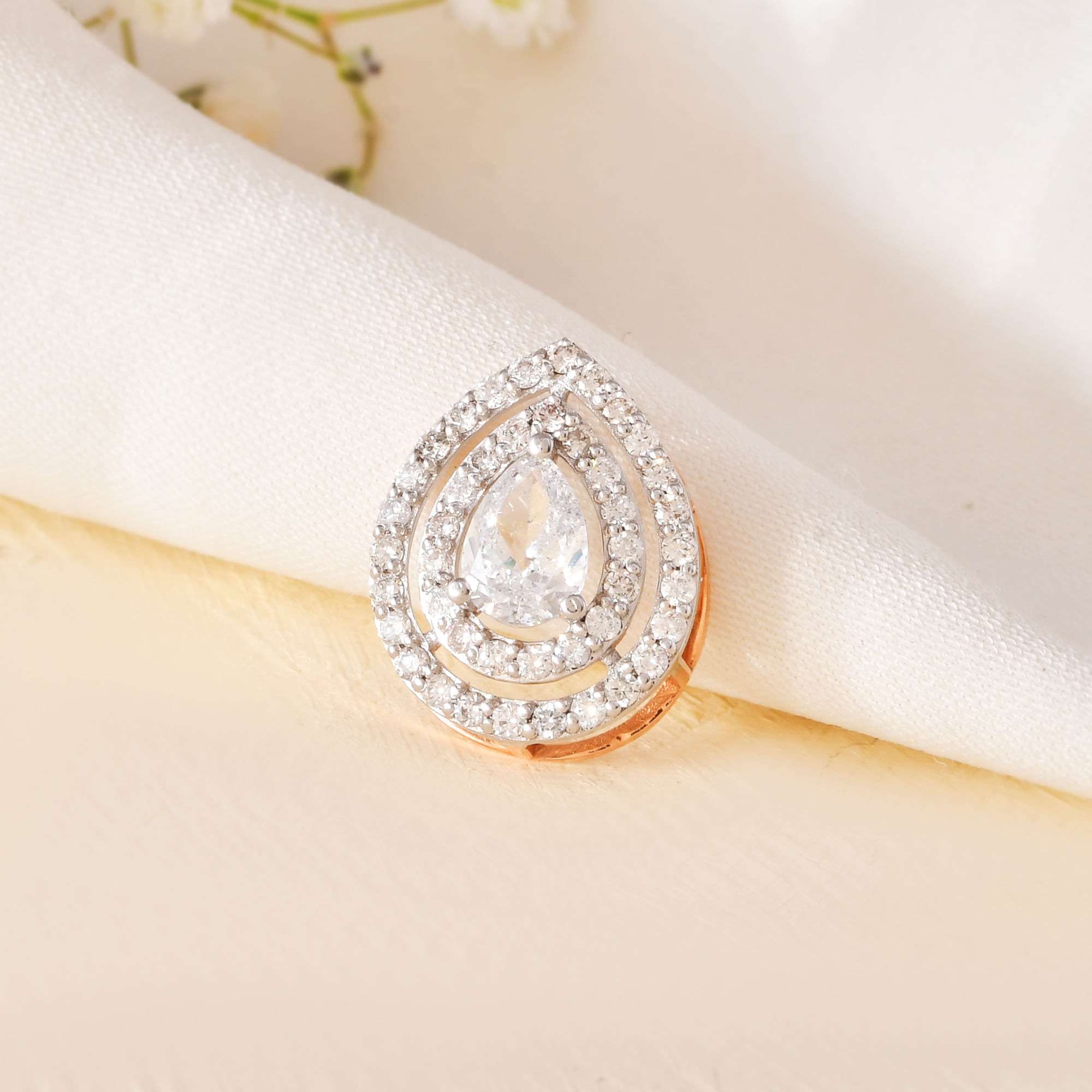 14K Rose Gold Pear Diamond Halo Pendant For Women