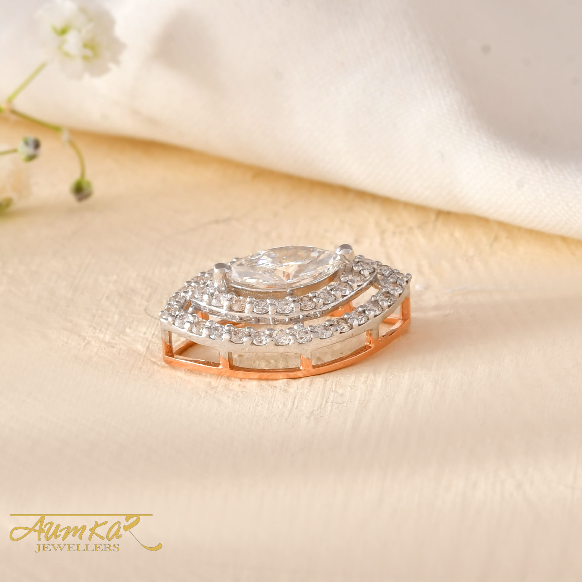 14K Rose Gold Marquise Diamond Halo Pendant For Women